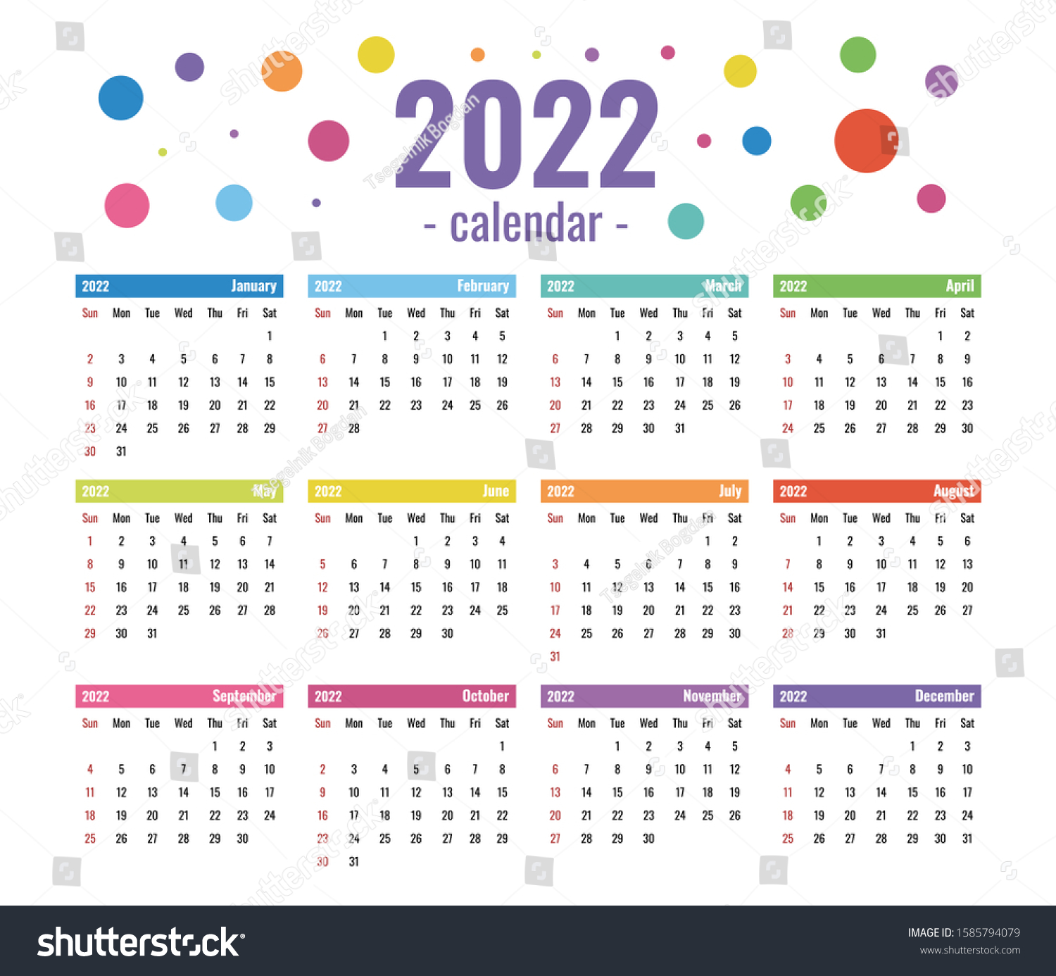 Full 2022 Calendar 2022 Calendar Template Website Colorful Full Stock Vector (Royalty Free)  1585794079