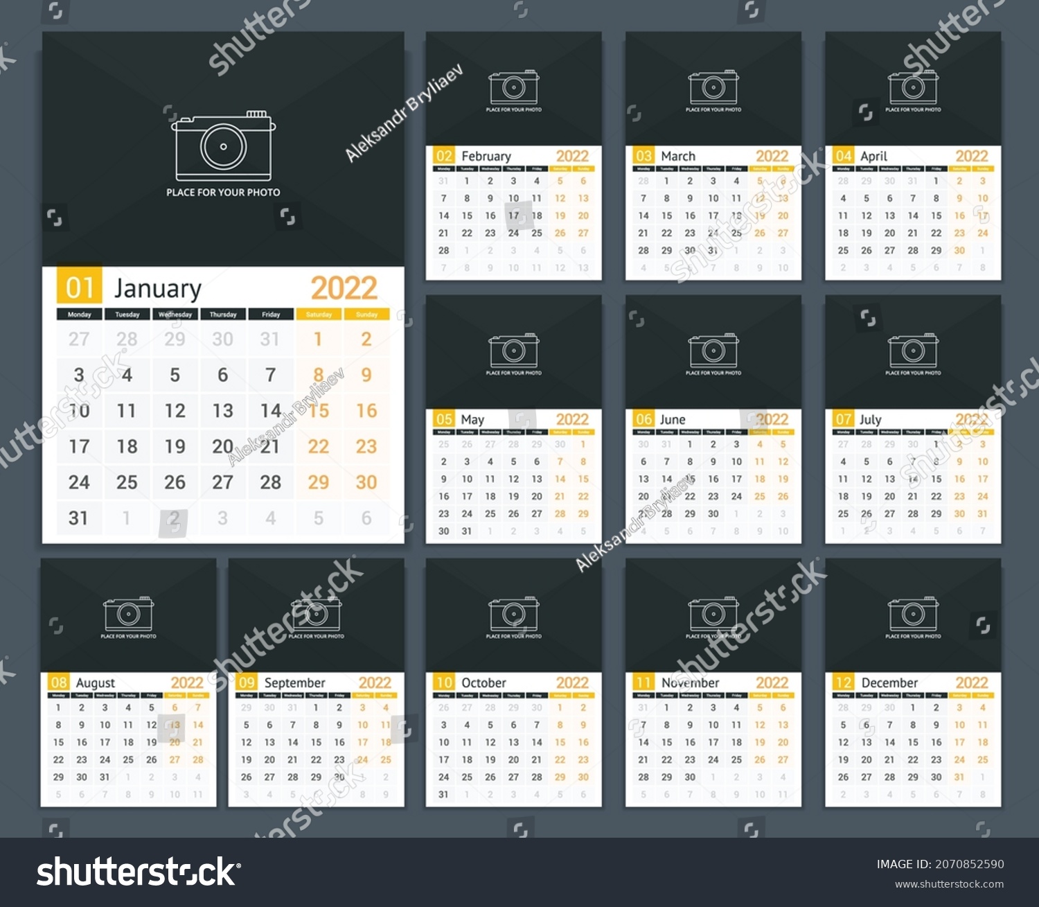 2022 Calendar Template Week Starts On 库存矢量图（免版税）2070852590 Shutterstock 8038