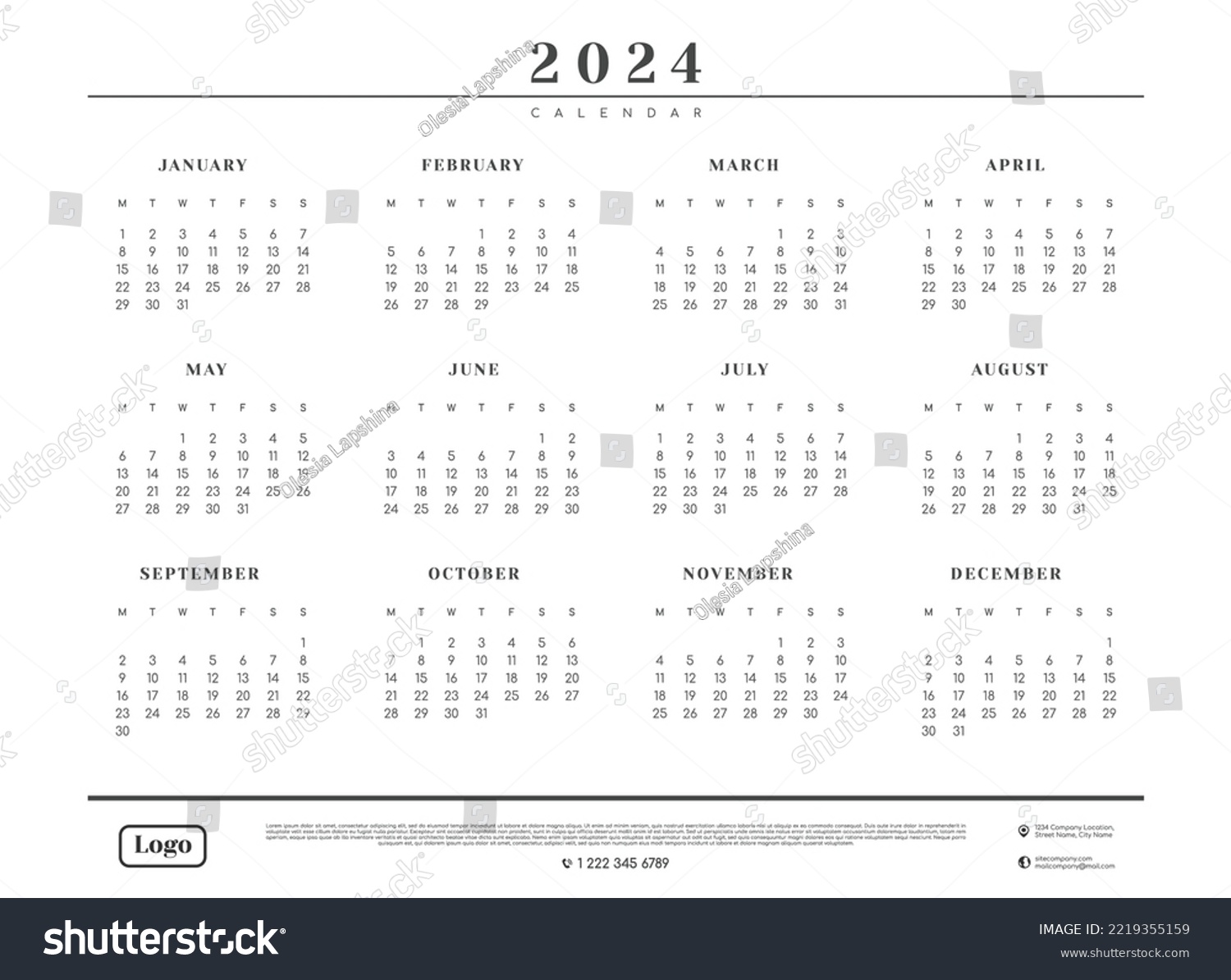 2024 Calendar Template with Place for Company contacts and Logo. Vector ...