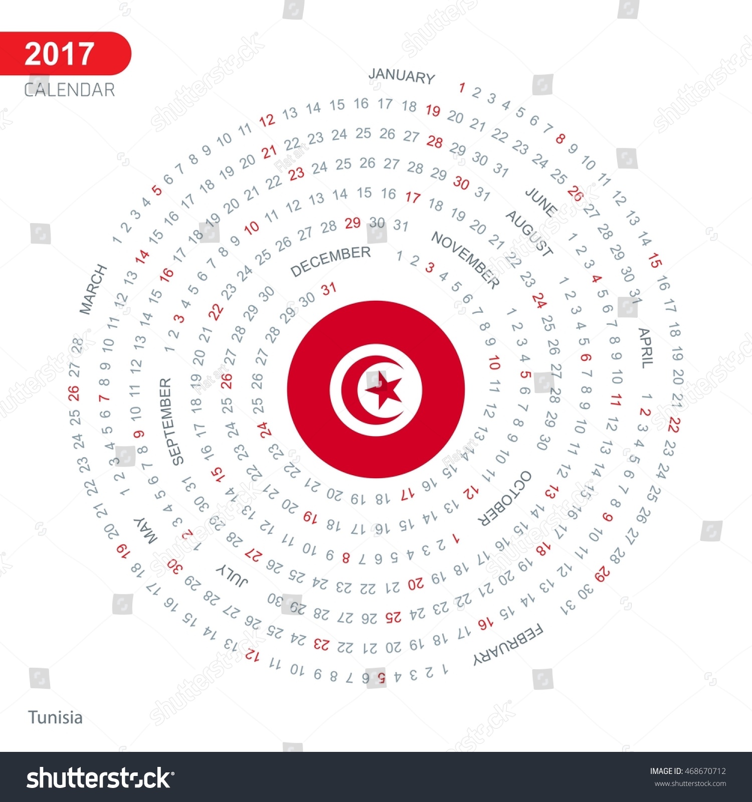 2017 Calendar, Tunisia Country Flag Circle Button, Spiral Calendar