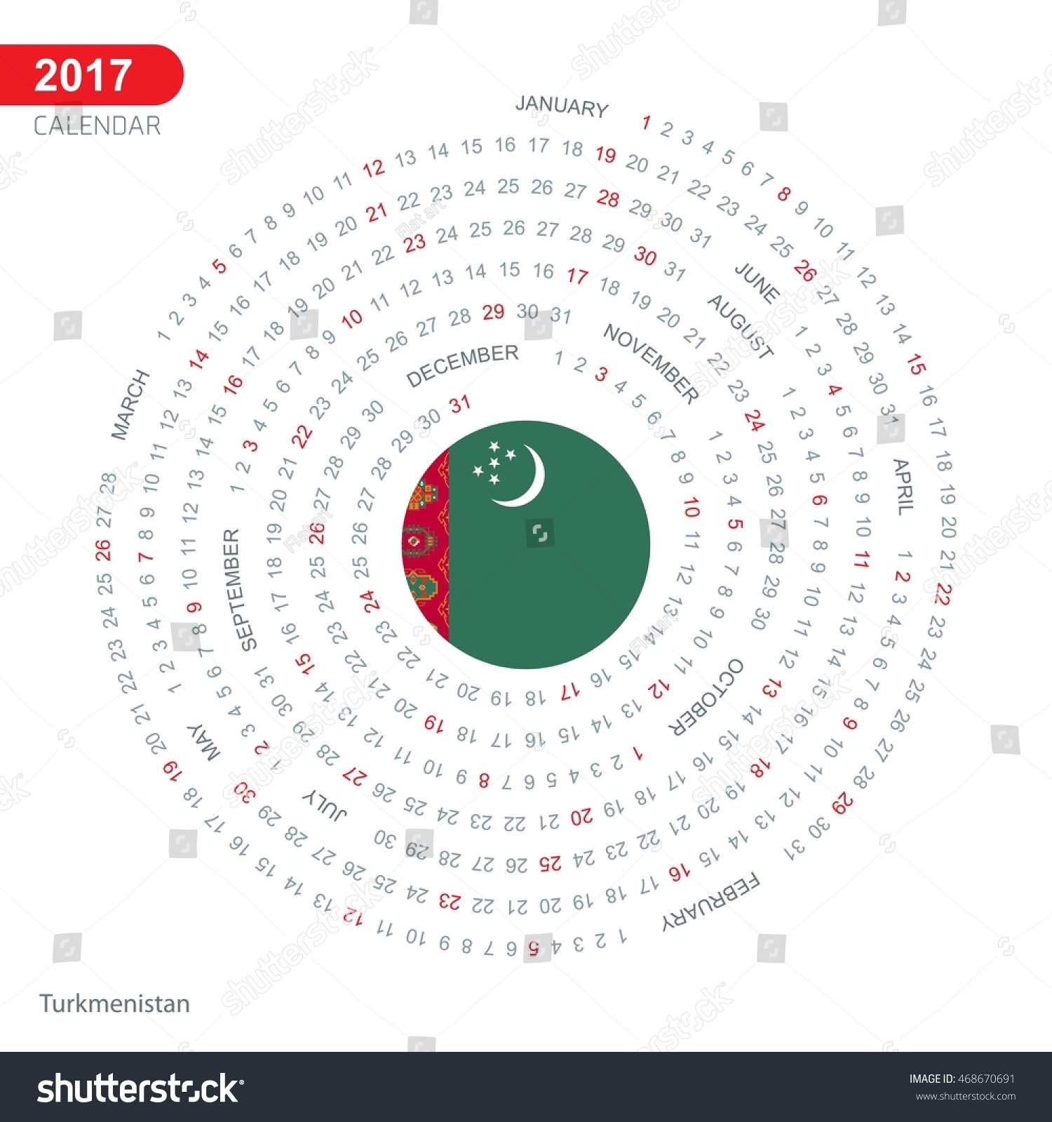 2017 Calendar, Turkmenistan Country Flag Circle Button, Spiral Calendar