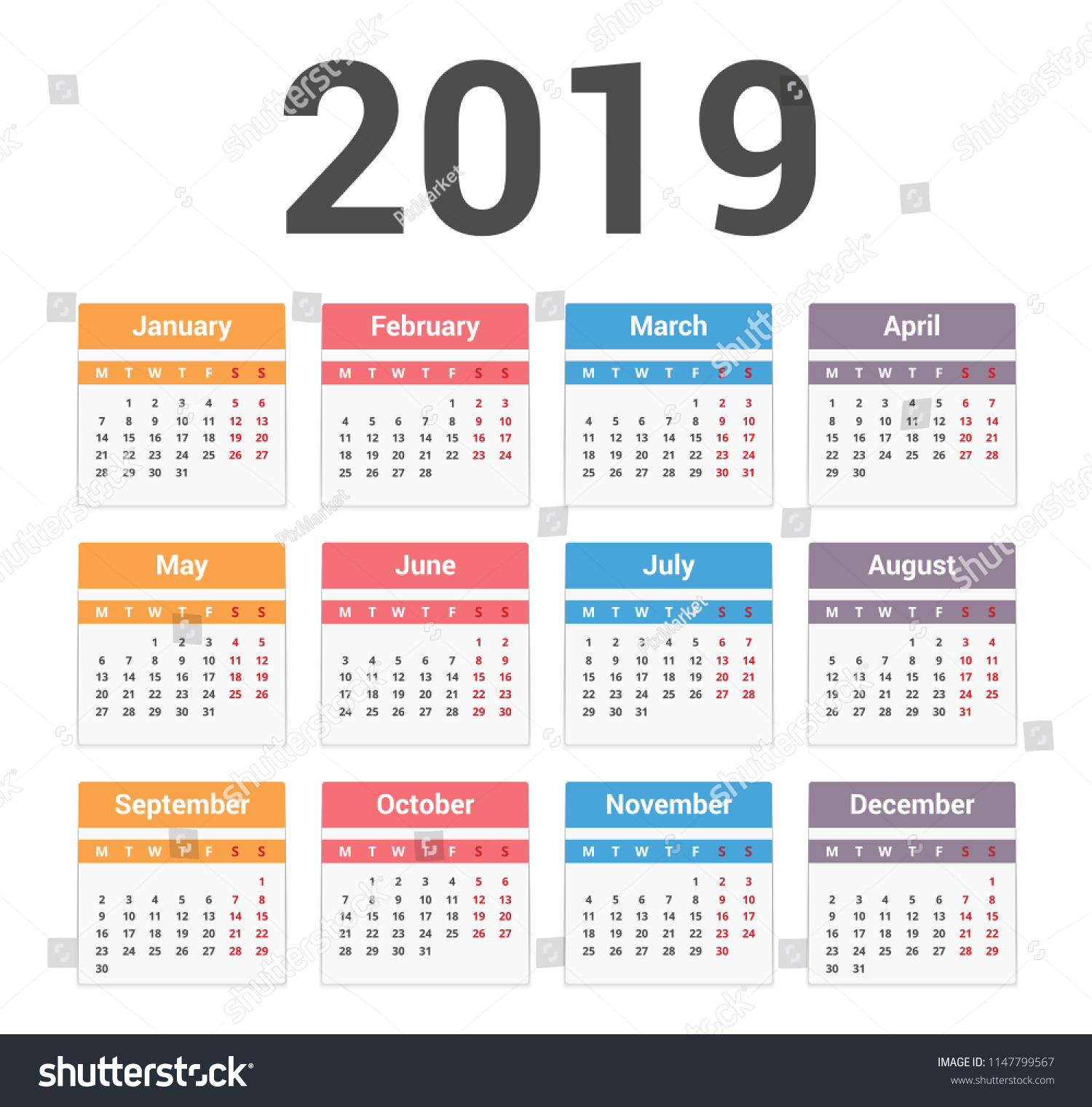 2019 Calendar Week Starts On Monday Stock Vector (Royalty Free) 1147799567