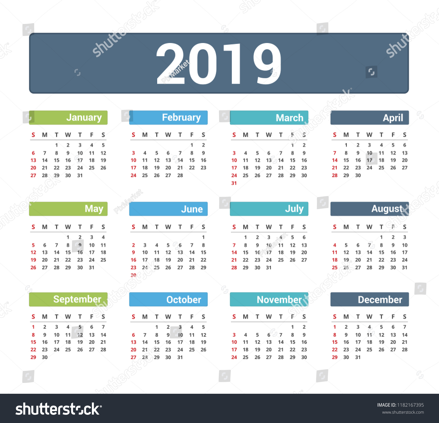 2019 Calendar Week Starts On Sunday Stock Vector (Royalty Free ...