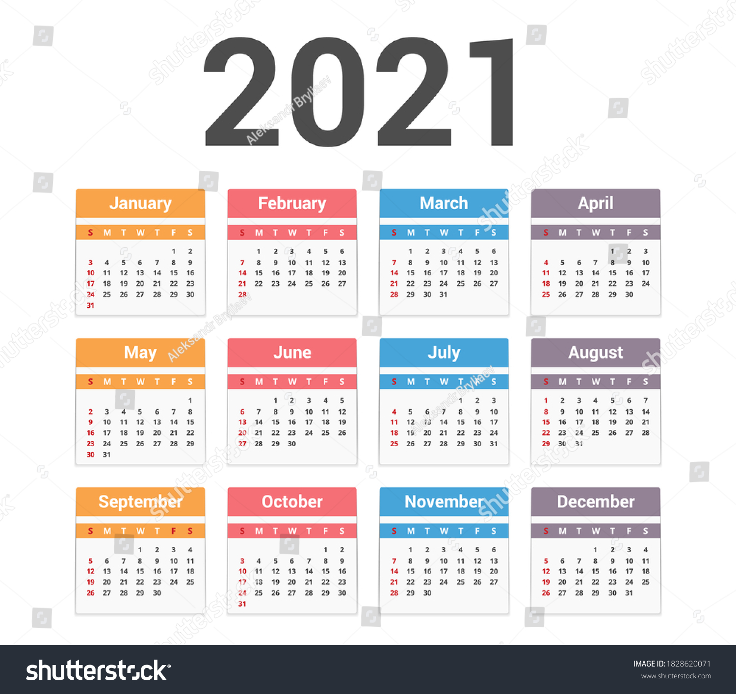 2021 Calendar Week Starts On Sunday Stock Vector (Royalty Free ...