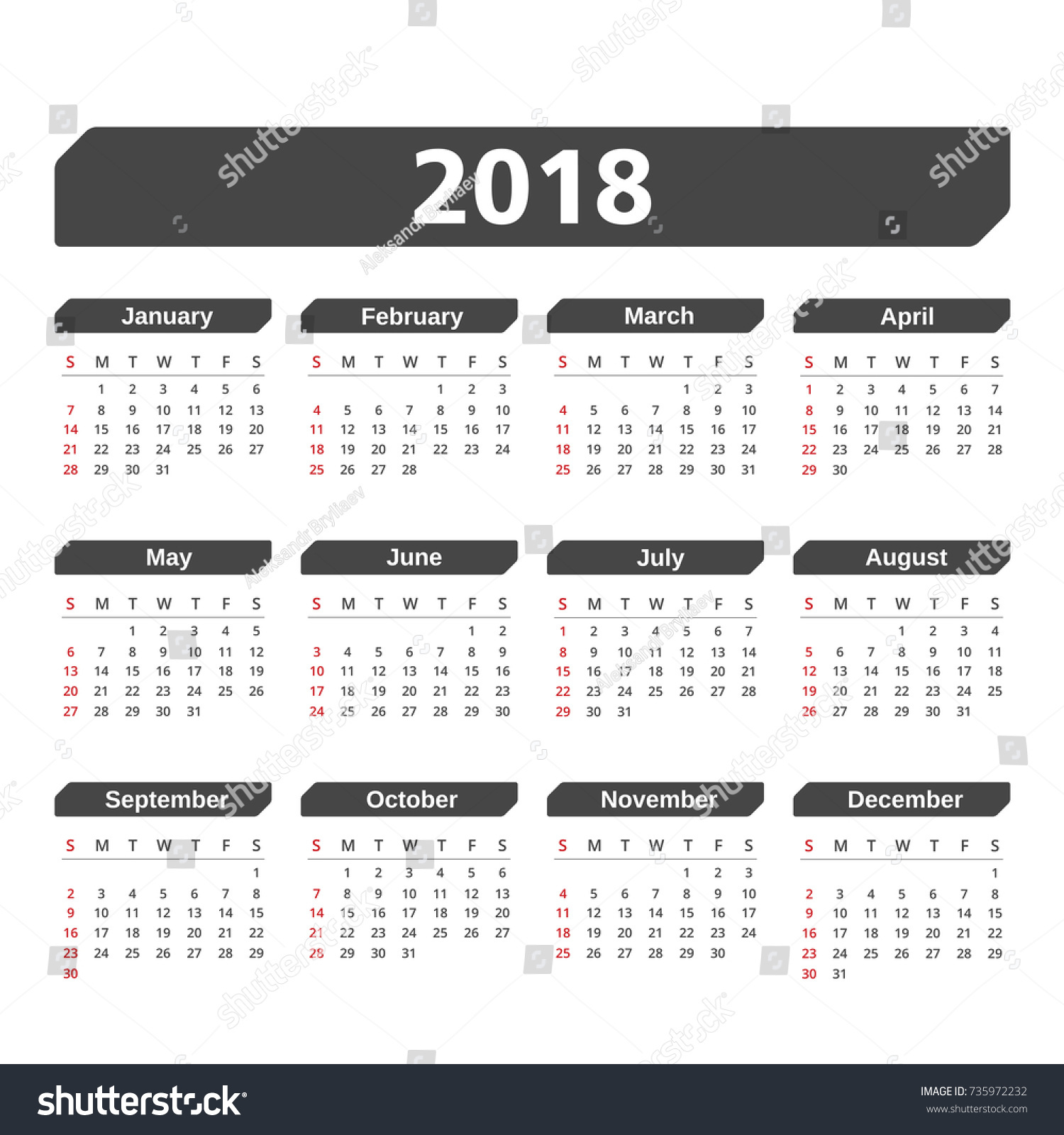 2018 Calendar Week Starts On Sunday Stock Vector (Royalty Free) 735972232