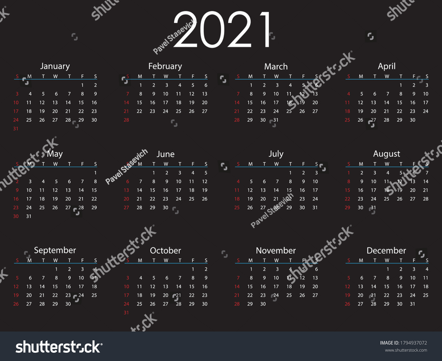 2021 Calendar Week Starts Sunday Vector Stock Vector (Royalty Free ...