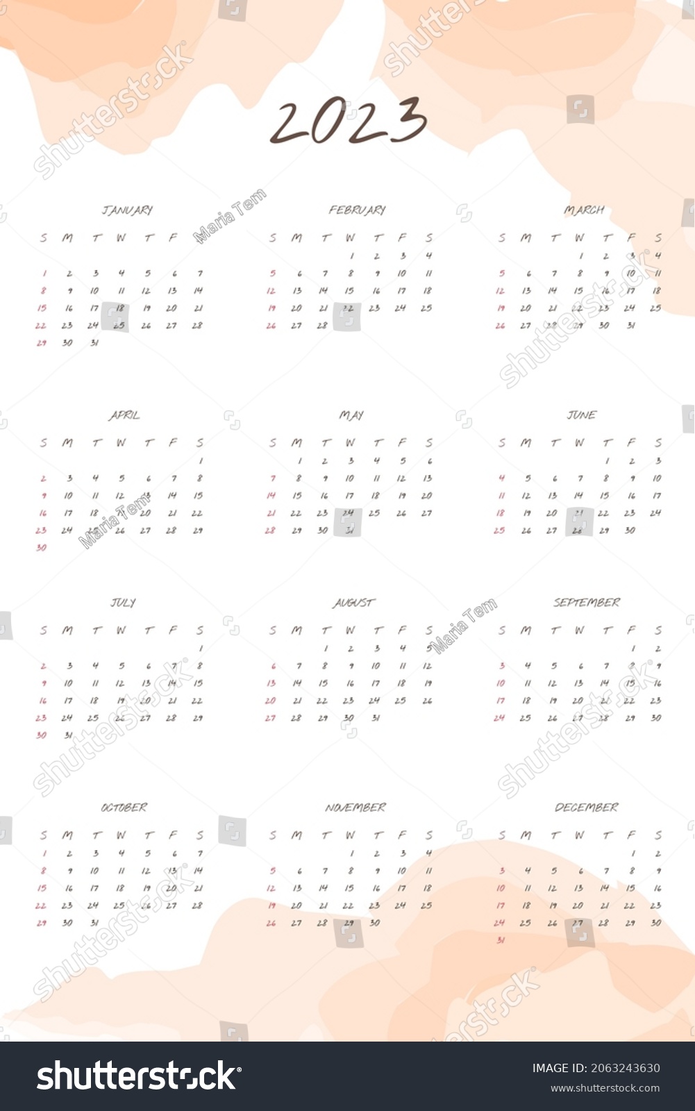 2023 Calendar Handwritten Font Gentle Abstract Stock Vector (Royalty ...