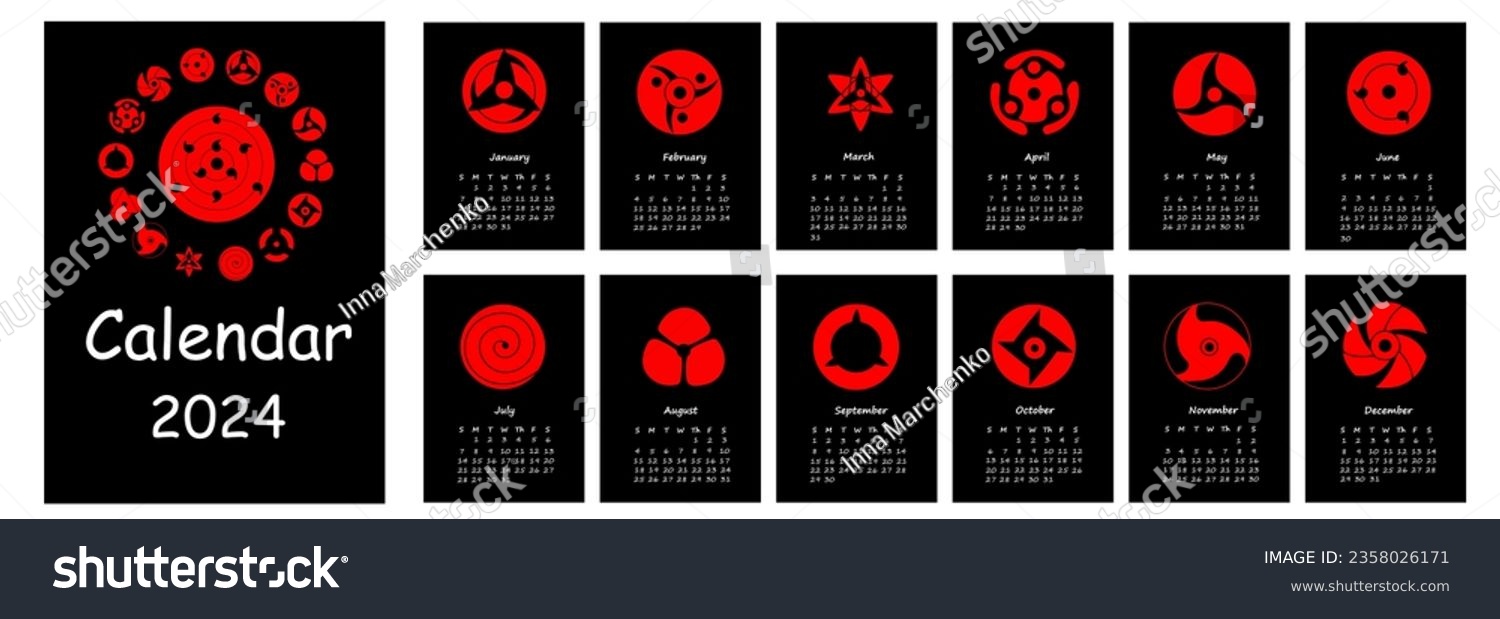 SVG of 2024 calendar with Icon Sharingan. Calendar planner minimal style, annual organizer. Vector illustration svg