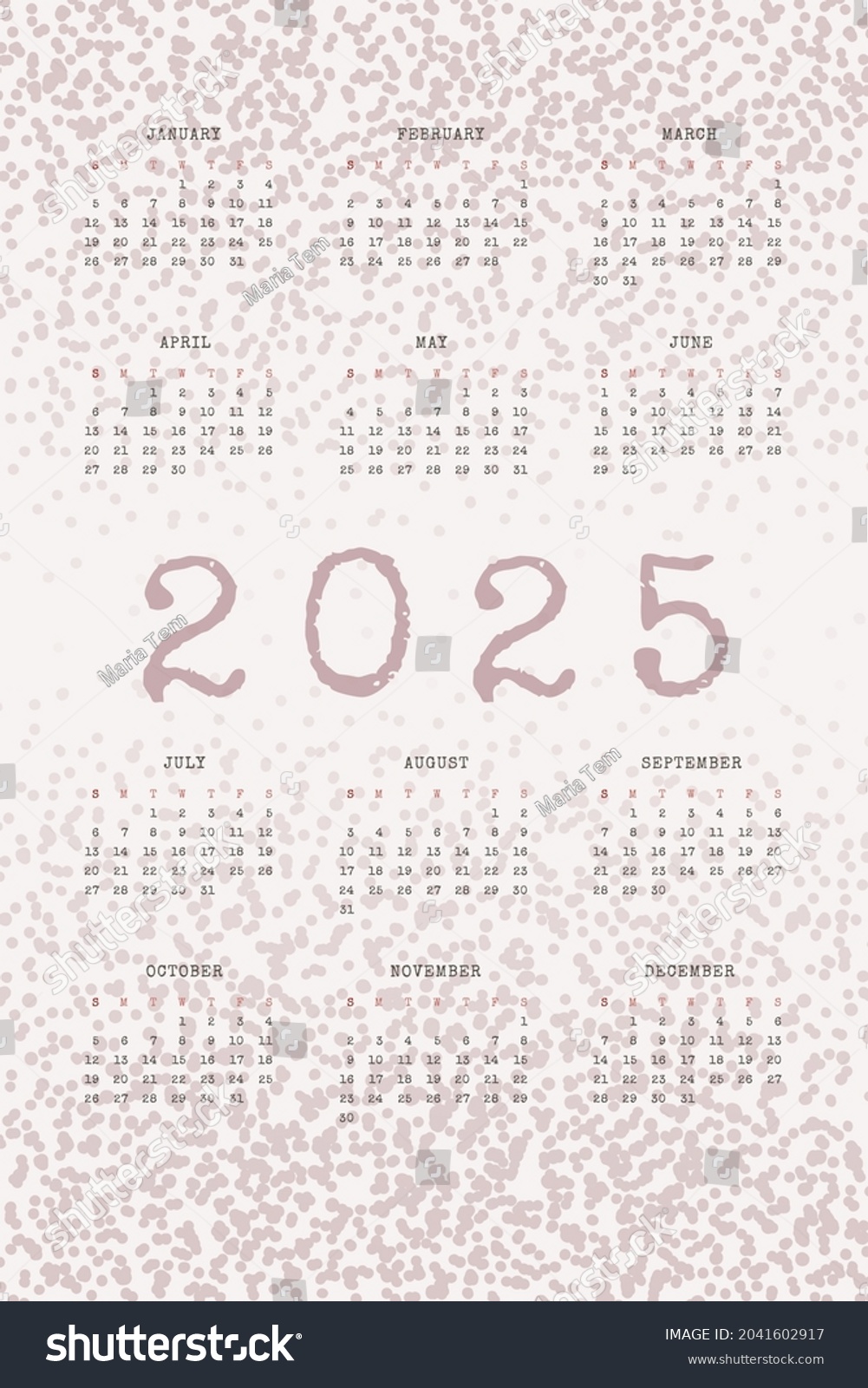 2025 Calendar Typewritten Text Textured Noise Stock Vector (Royalty