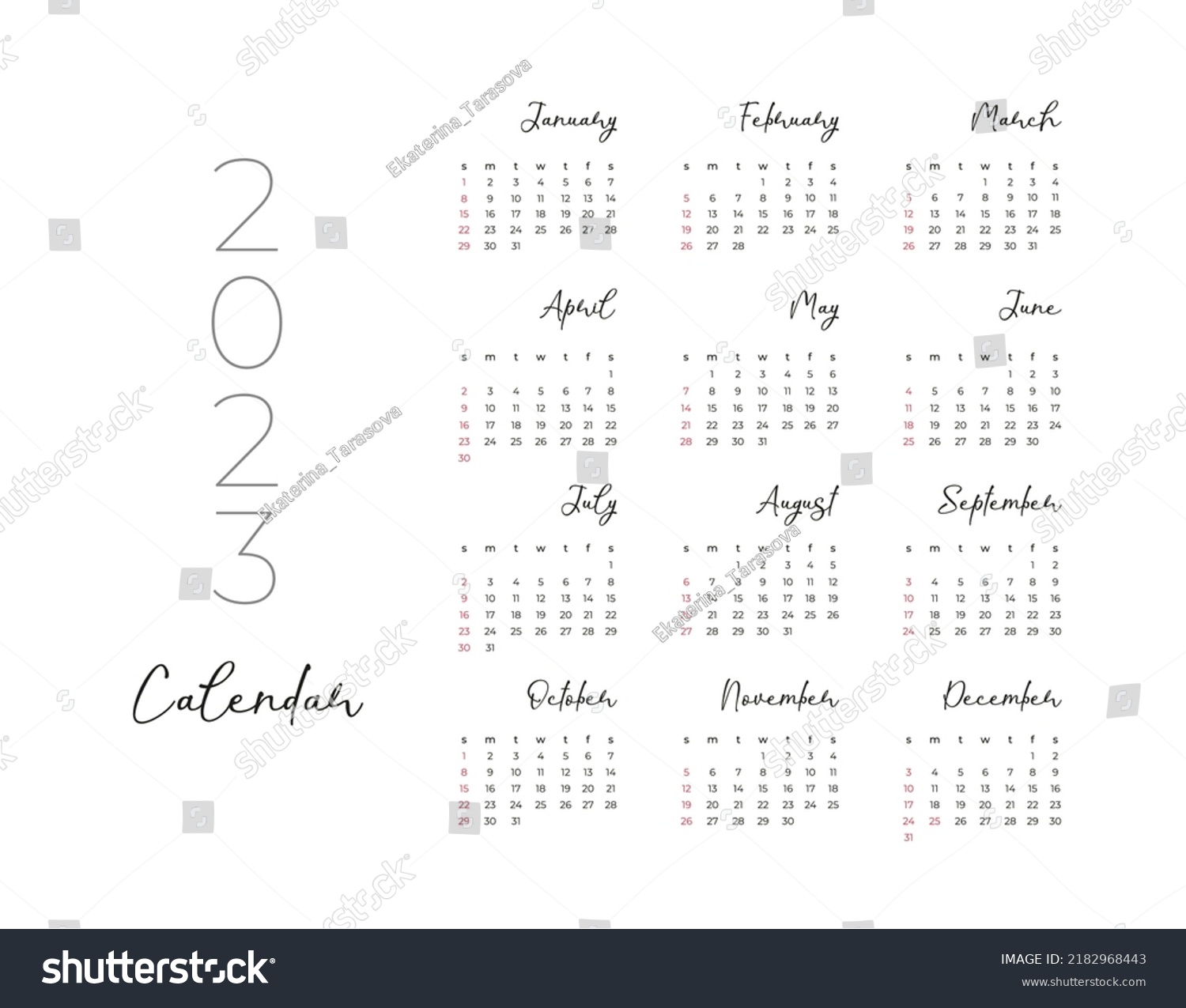 2023 Calendar Year Vector Illustration Week Stock Vector (Royalty Free ...