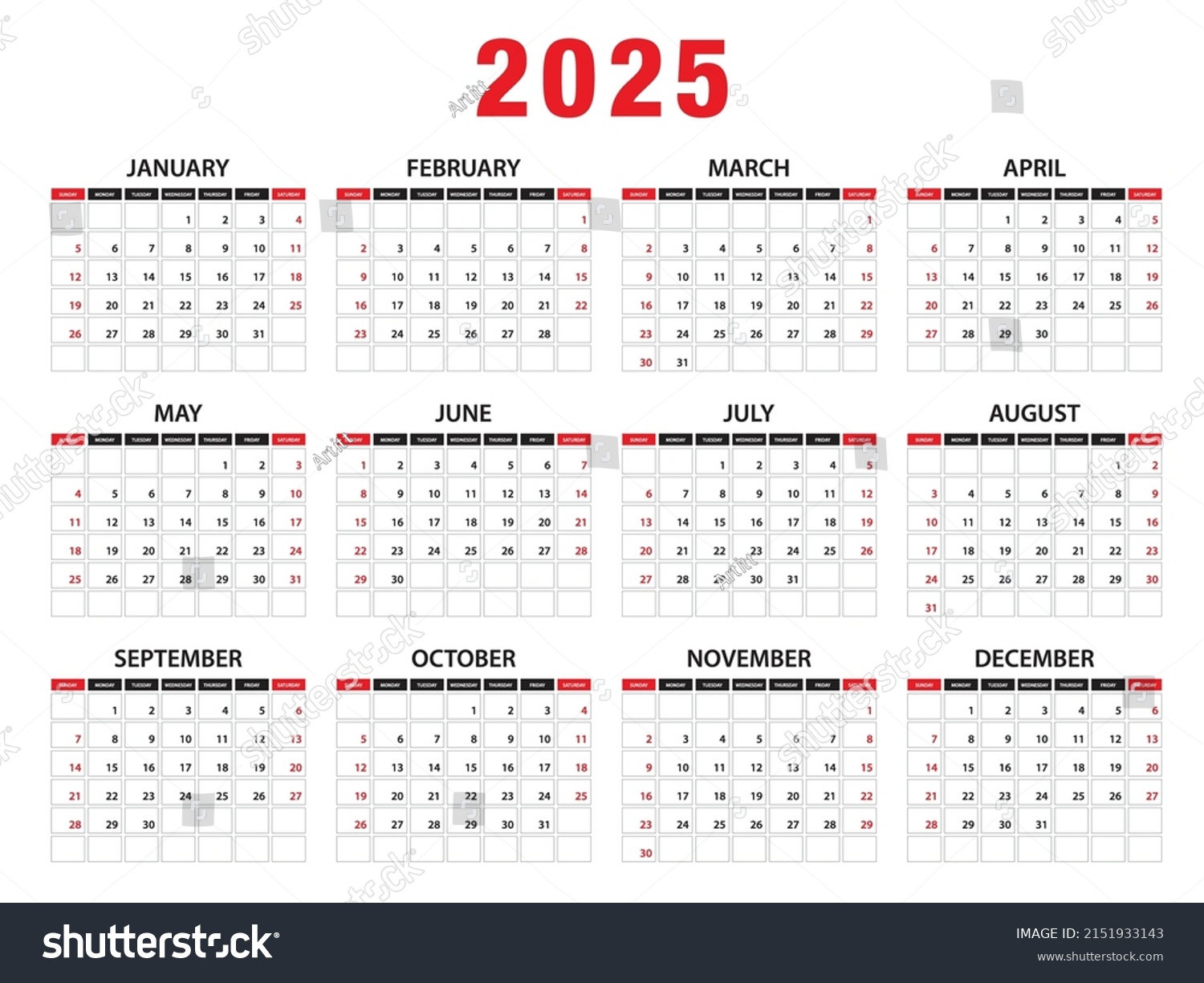2025-calendar-year-vector-illustration-week-stock-vector-royalty-free-2151933143-shutterstock