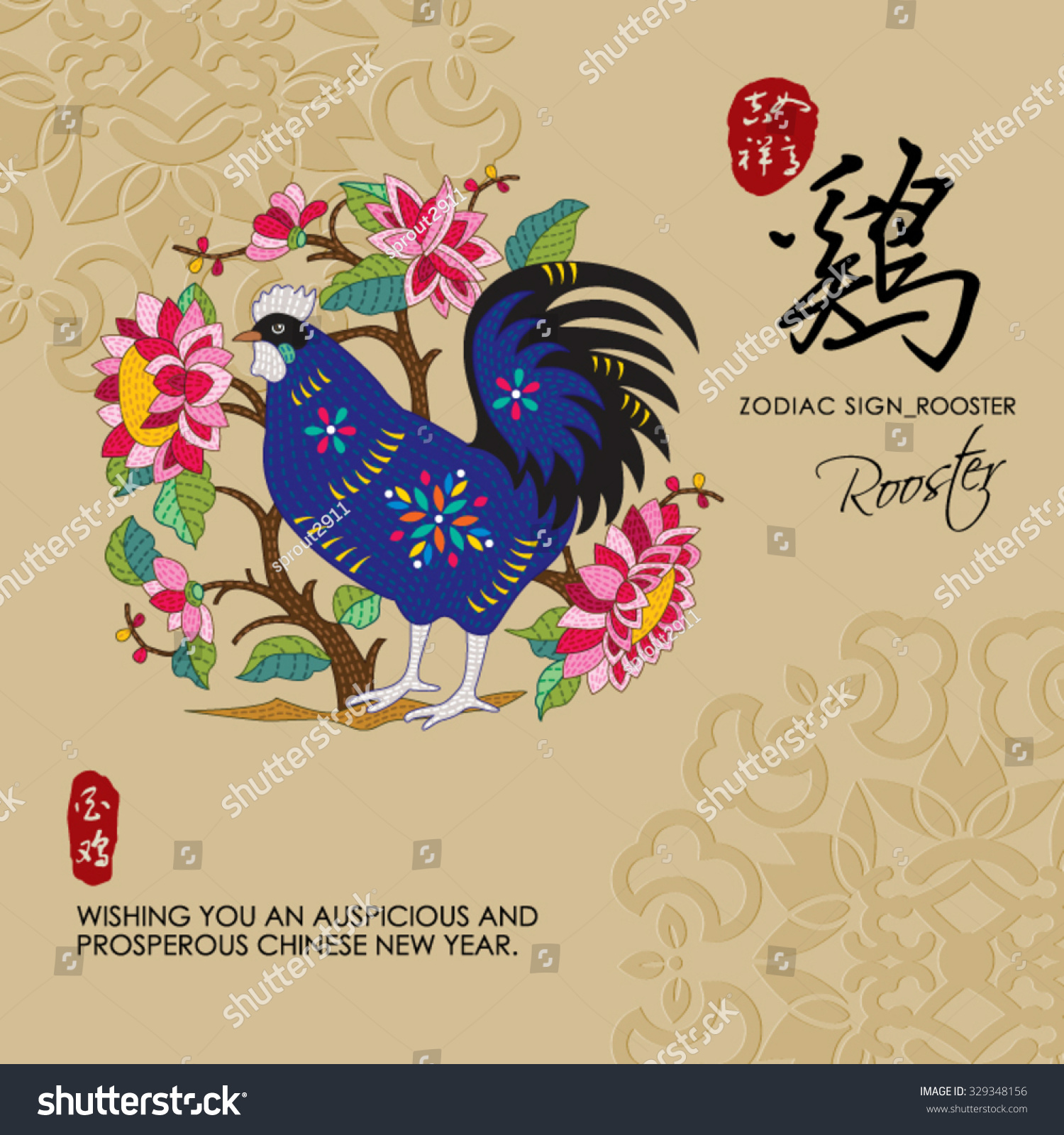 SVG of 12 Chinese Zodiac Signs of Rooster with chinese calligraphy text and the translation. Auspicious Chinese Seal (top) Good luck and happiness to you and (bottom) Rooster. svg
