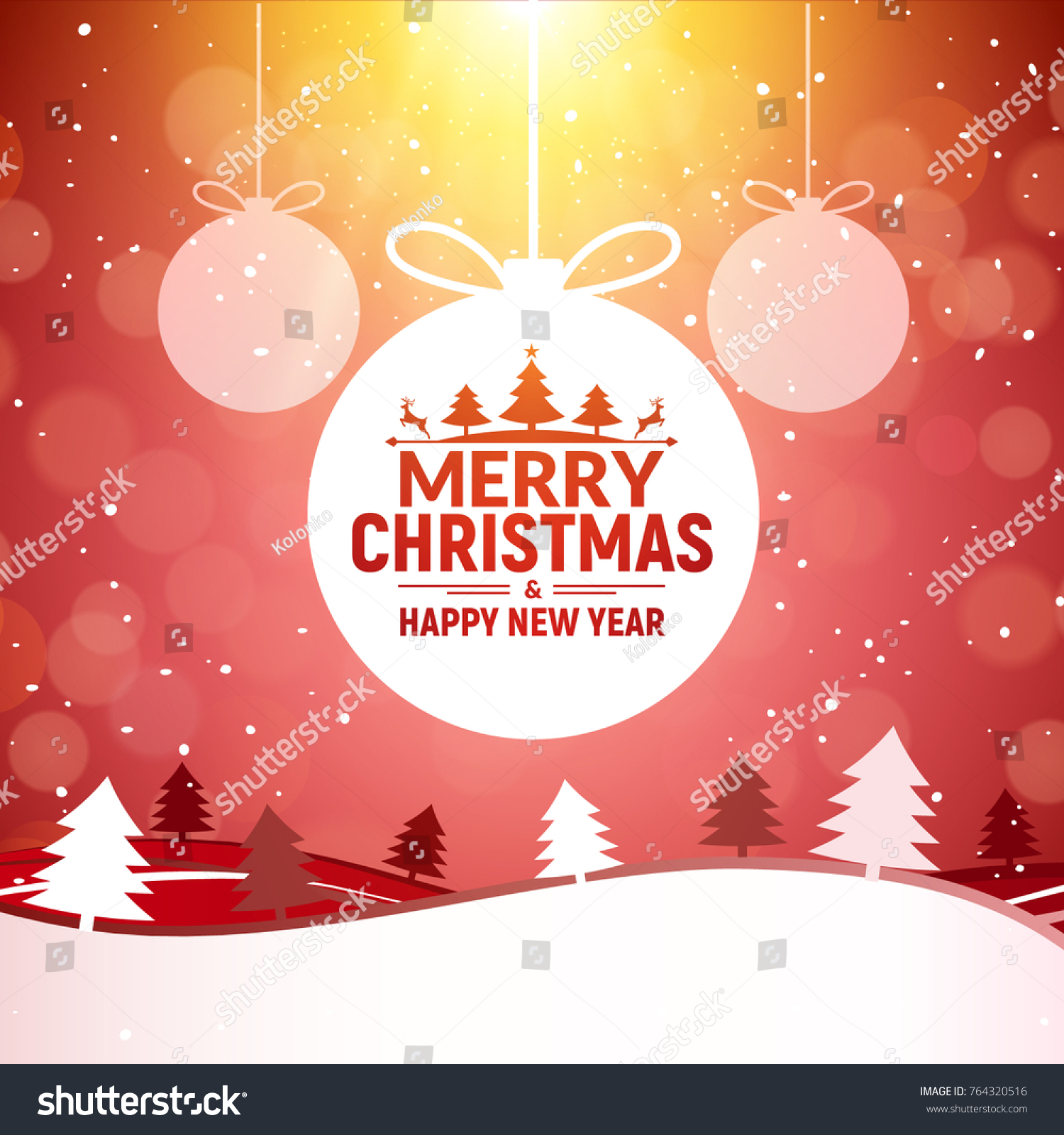 2018 Christmas and Happy New Year greeting card background Xmas ball on winter landscape decoration