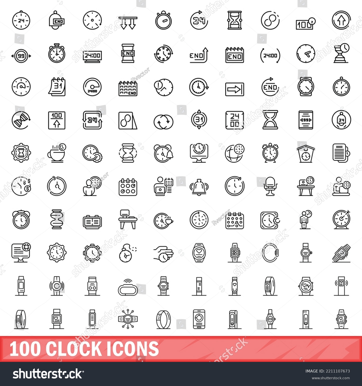 SVG of 100 clock icons set. Outline illustration of 100 clock icons vector set isolated on white background svg