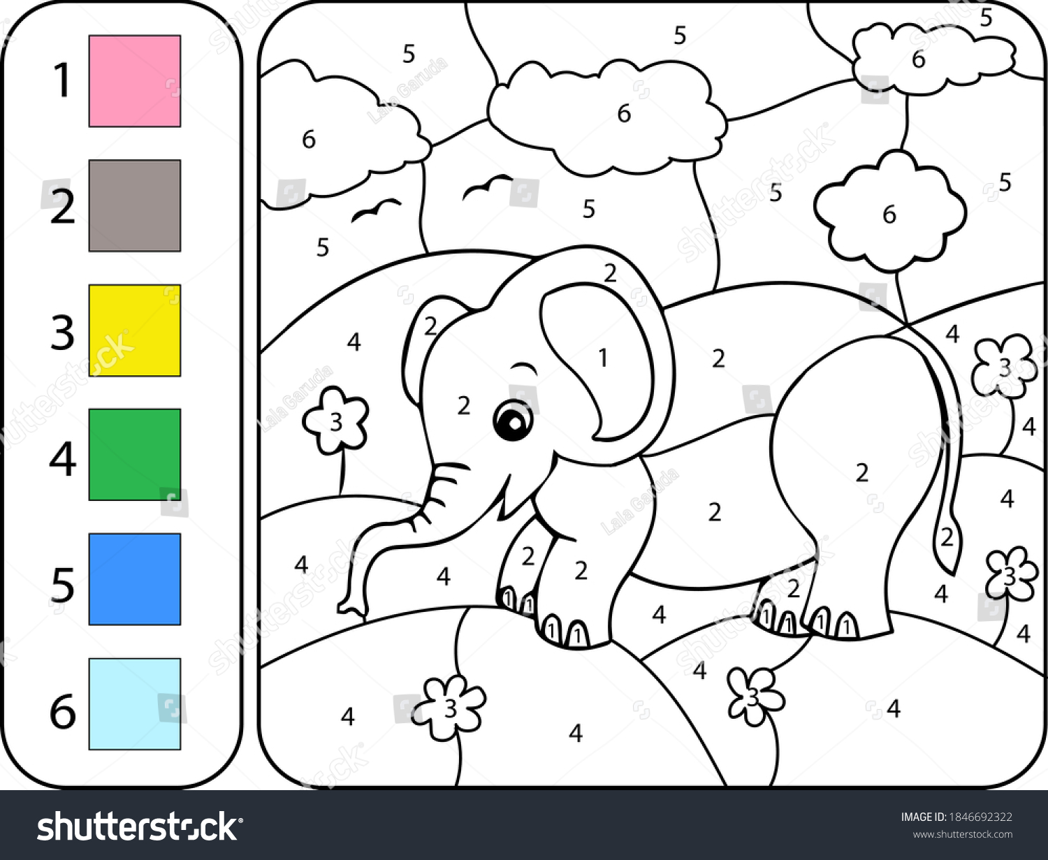 Color Elephant By Numbers Cartoon Coloring Stock Vector (Royalty Free ...