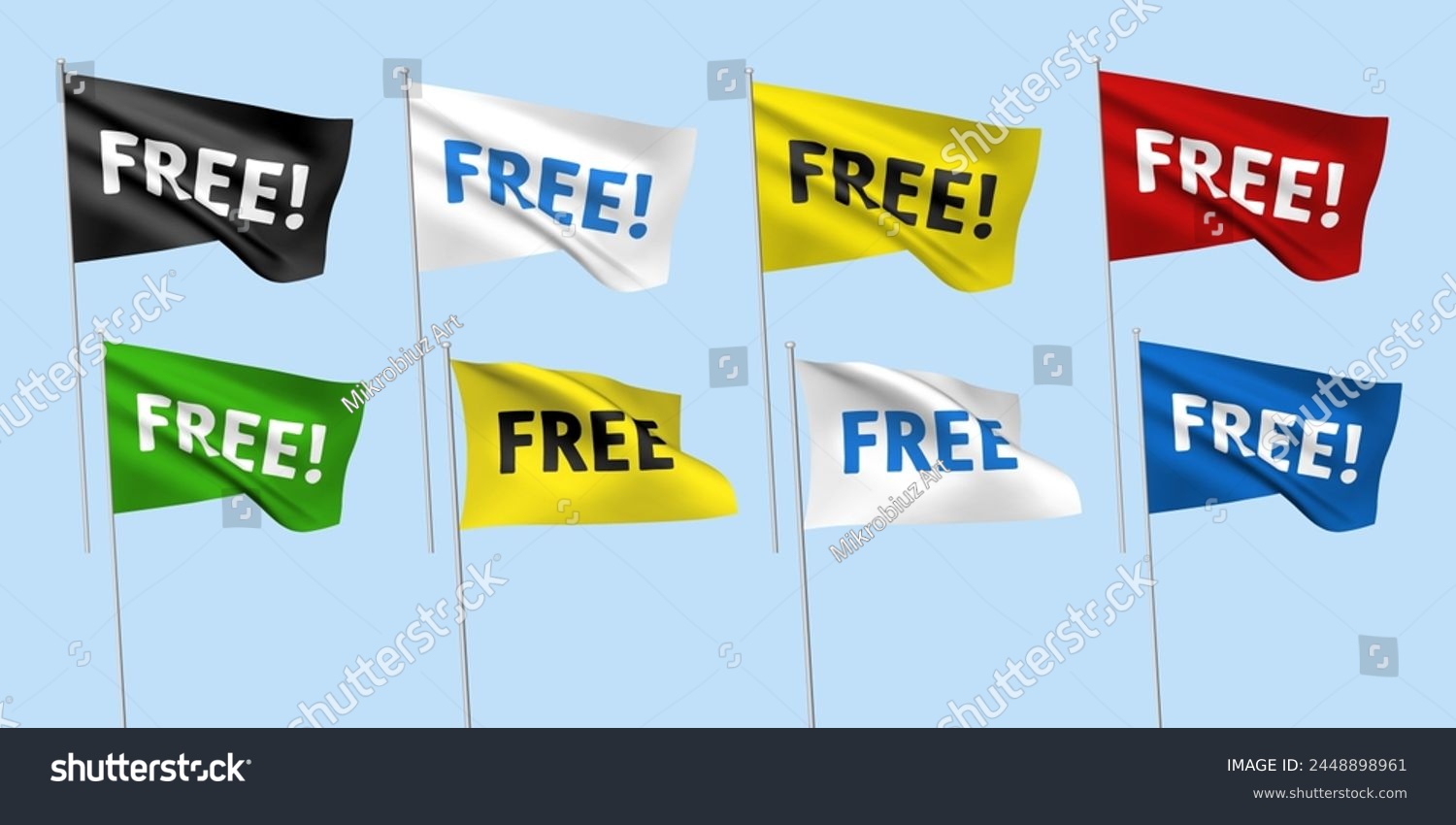 SVG of 8 color vector flags with FREE text. A set of wavy 3D flags with flagpoles isolated on light background, created using gradient meshes svg