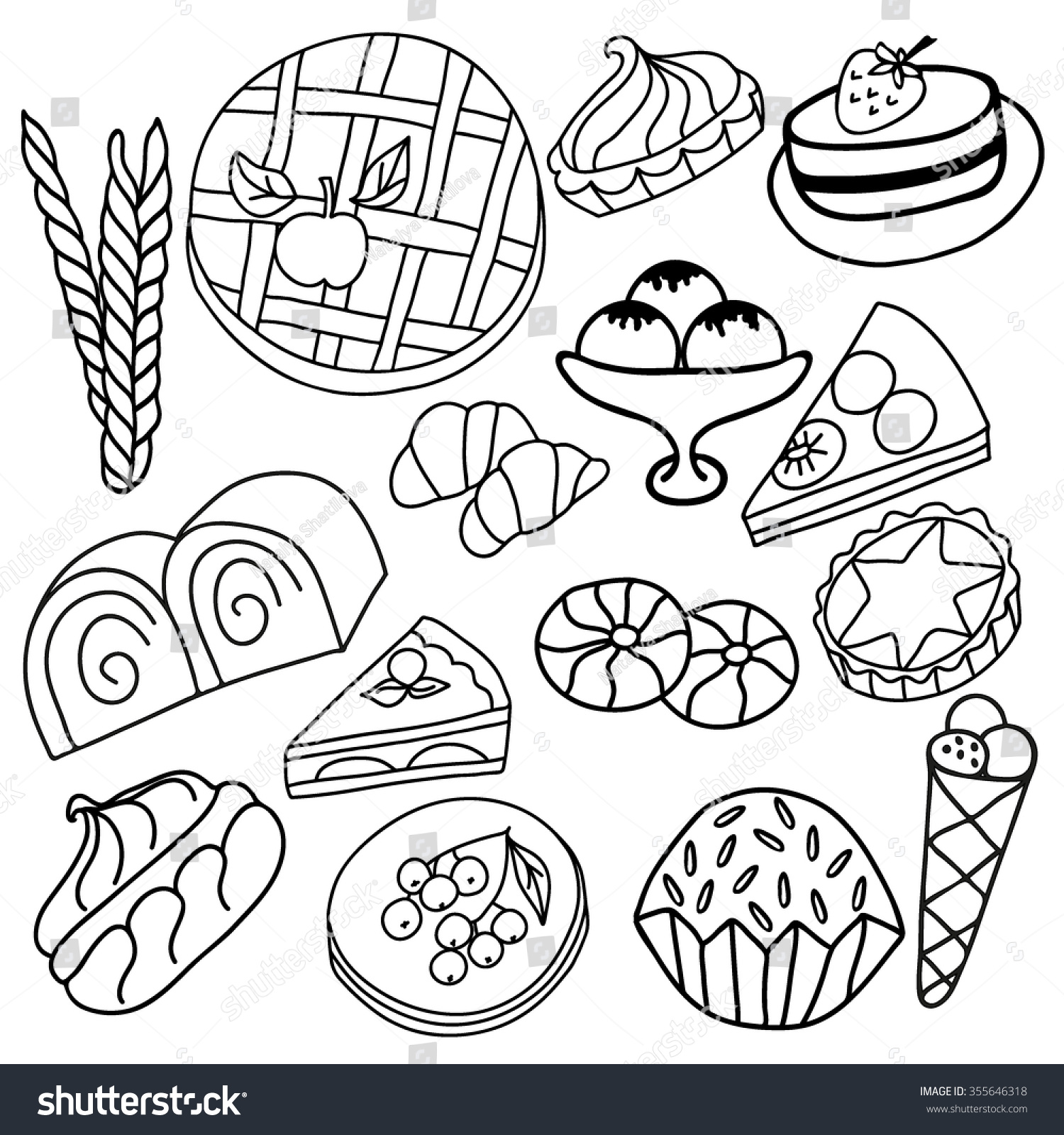 Coloring Book. Hand Drawn.Dessert. Adults, Children. Black And White ...