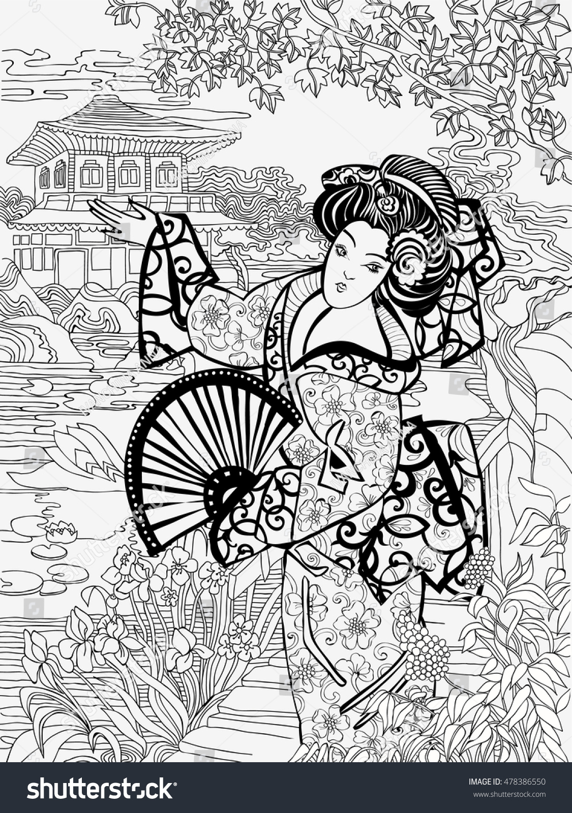 Coloring Pages Japanese Woman Background Stock Vector 478386550 Conventional Oriental