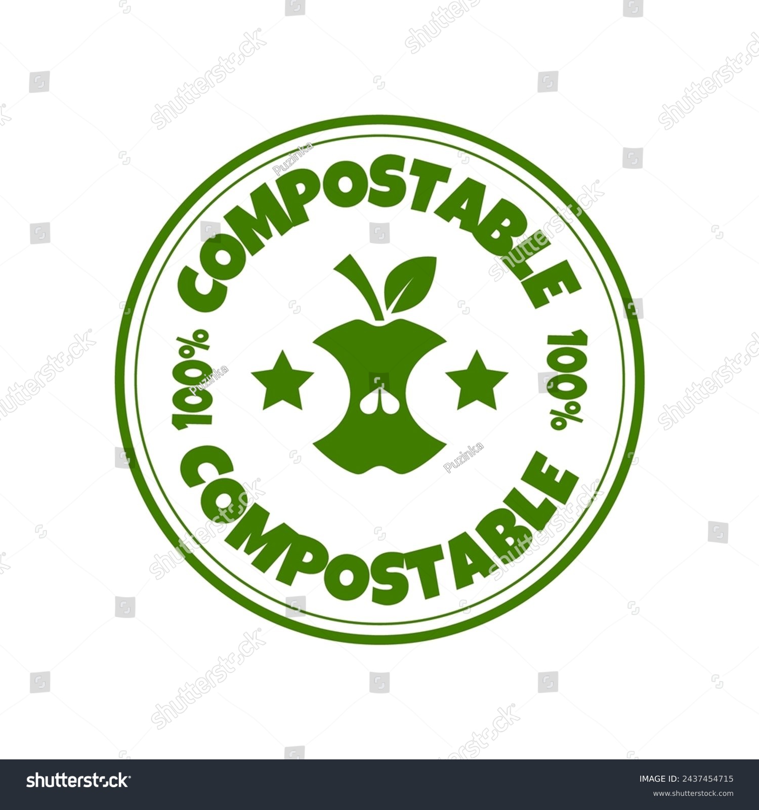 SVG of 100% compostable stamp. Compost Ecology icon. Green Apple Core sign with seeds. Natural products sticker, label, badge and logo template with green leaves for organic and eco friendly products. svg