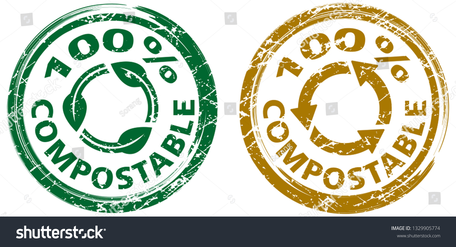 SVG of 
100% compostable stamps with recycle icon. In green and brown colors. Grunge texture. Vector illustration. svg