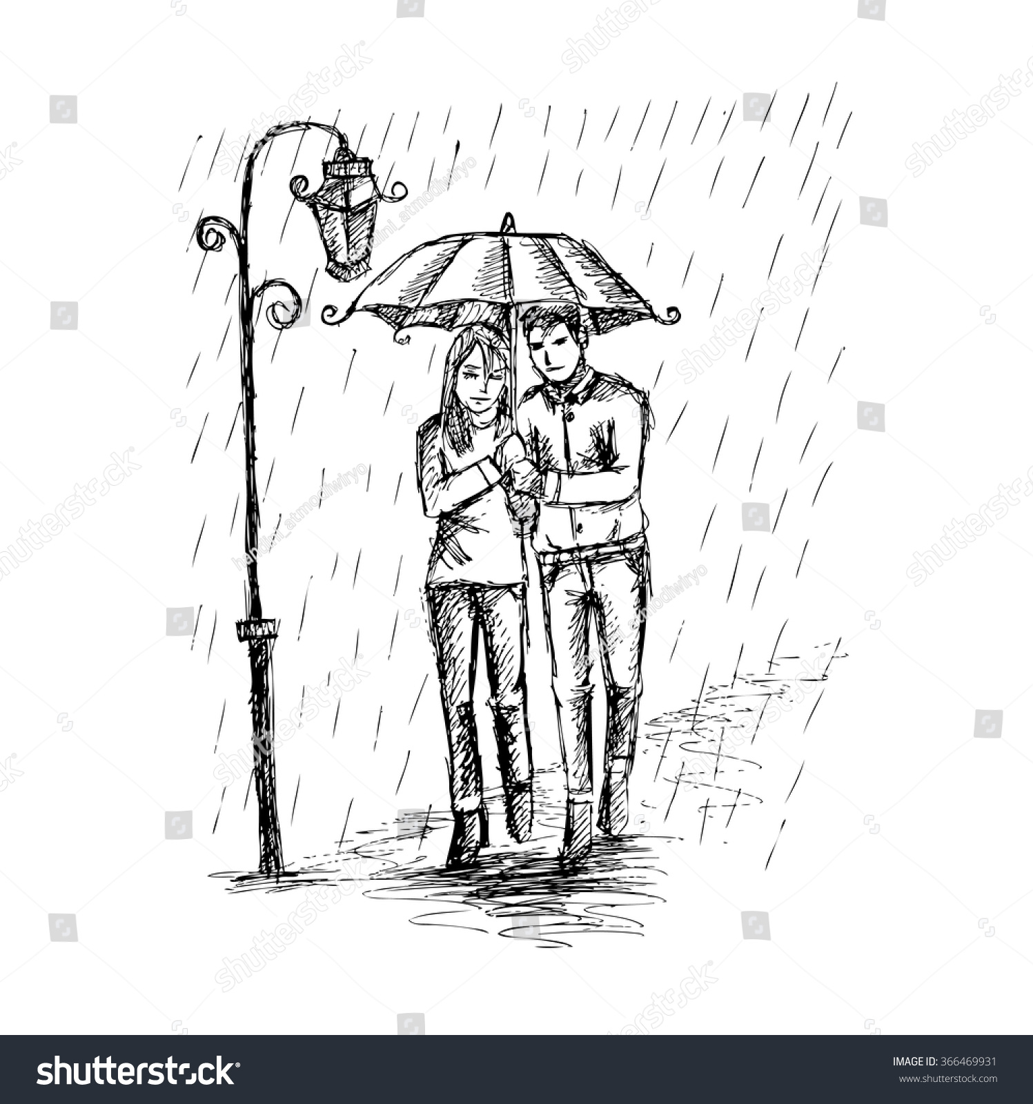 Couple Under Umbrella Rain Hand Drawing Stock Vector Royalty Free