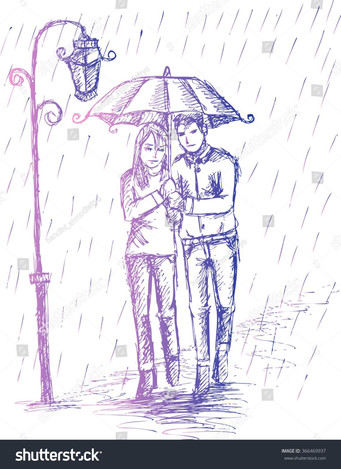 Couple Under Umbrella Rain Hand Drawing Stock Vector Royalty Free