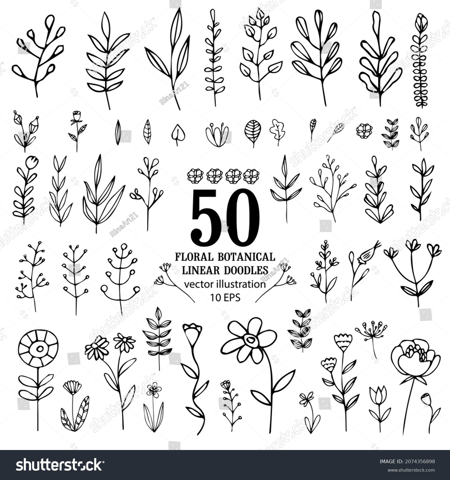 50 Creative Handsketched Floral Doodles Really Stock Vector Royalty