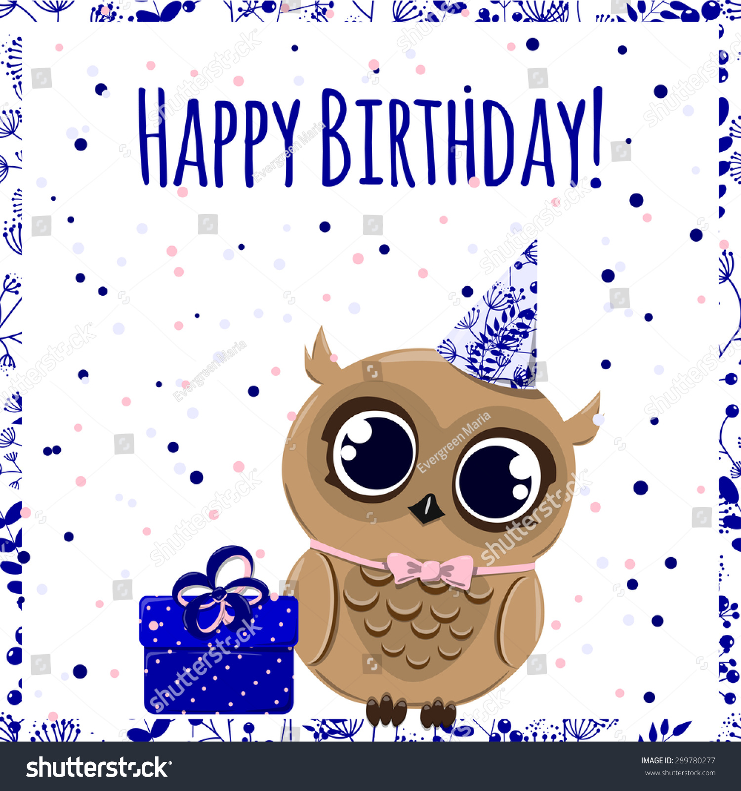 Cute Happy Birthday Card With Owl In Hat And With Gift. Vector ...