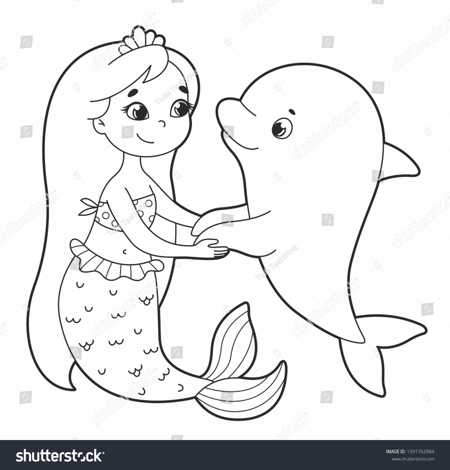 かわいい人魚とイルカ 塗り絵 ベクター漫画の人魚 子ども用のベクターイラスト のベクター画像素材 ロイヤリティフリー