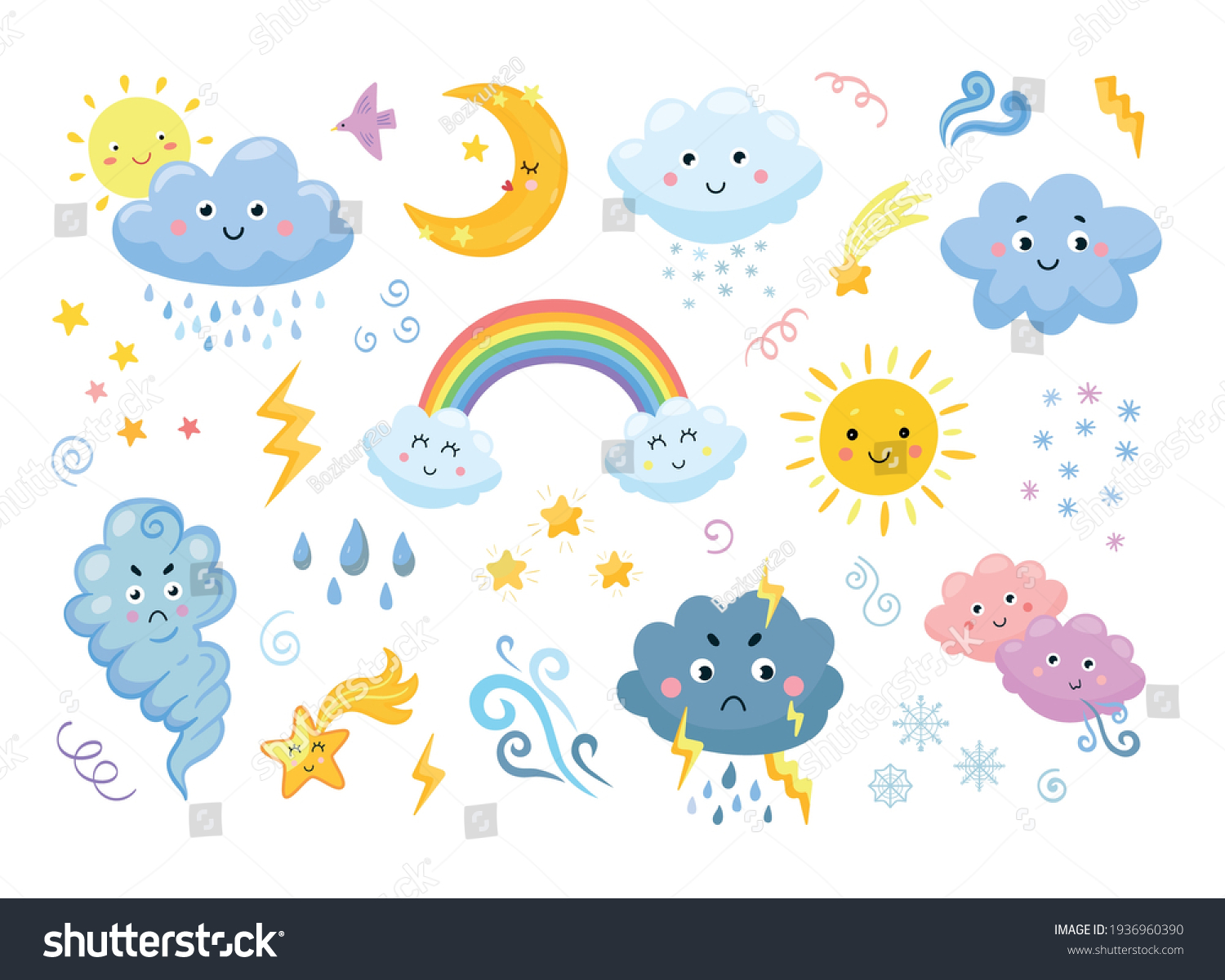 白い背景におかしな天気アイコンセット 太陽 雨 嵐 雪 風 月 虹の尾を持つ星 虹 カラトンのシンプルな平らなスタイルのベクターイラスト かわいいキャラクター のベクター画像素材 ロイヤリティフリー Shutterstock