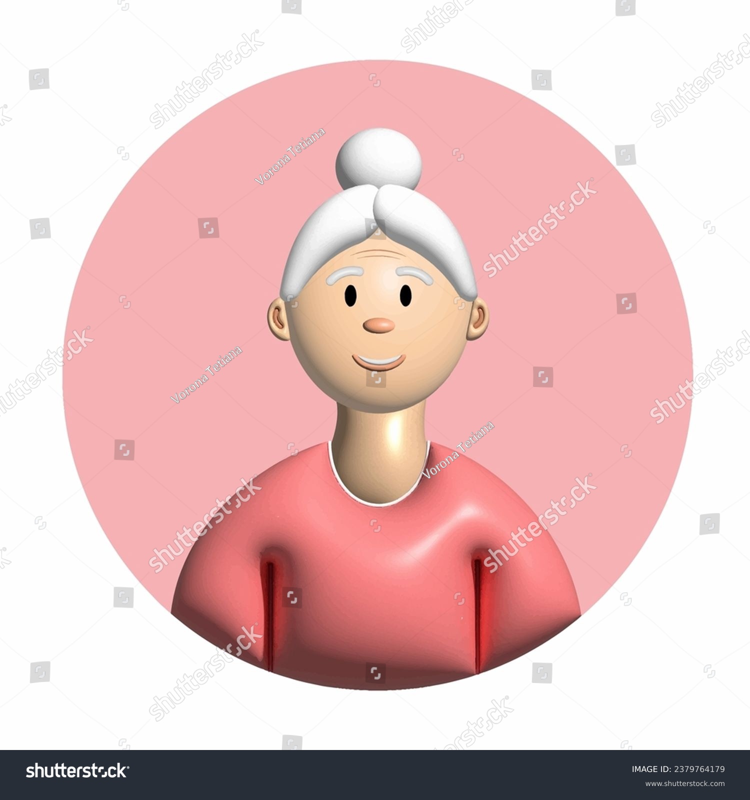 SVG of 3D avatar of a gray-haired elderly woman on a pink round background. Grandmother, woman of advanced years, old woman, persioner svg