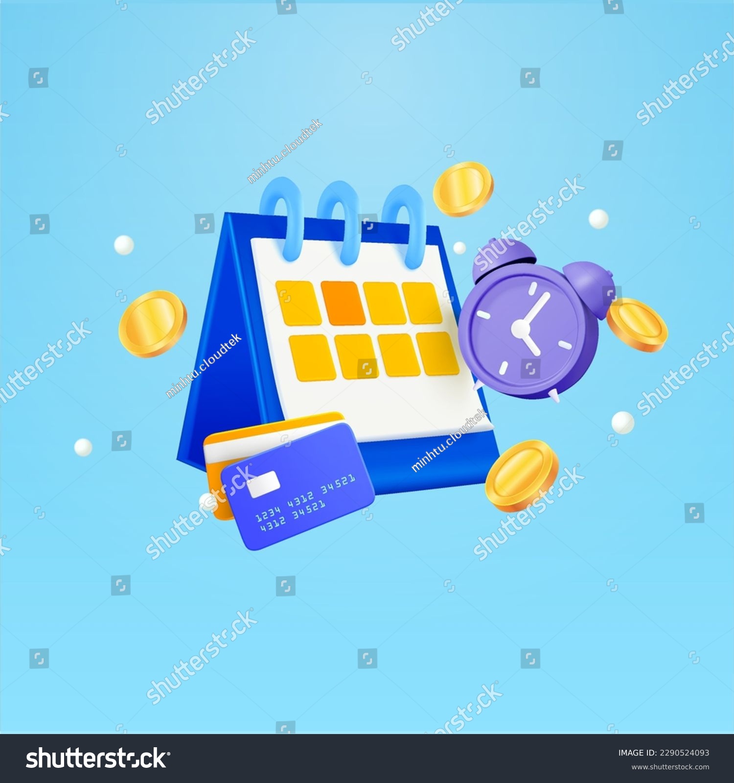 SVG of 3d calendar and alarm clock with gold coins around. the concept of a reminder of timely payment for services. 3d vector illustration in realistic style isolated on background svg
