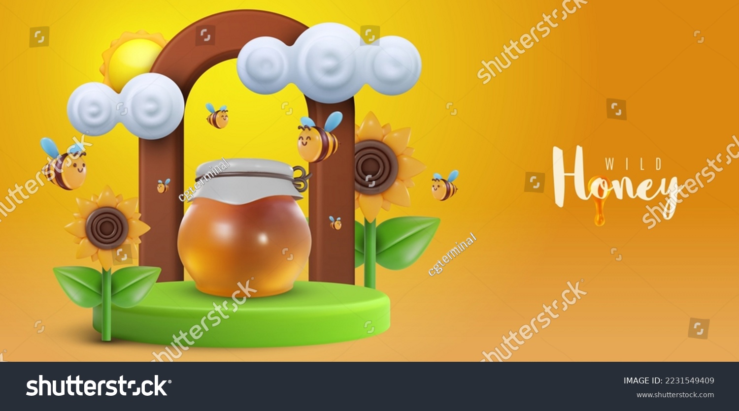 SVG of 3d cartoon composition with honey jar, bee and sunflowers on green hill in vector realistic style. Funny plasticine or glossy clay design banner. Sweet colorful illustration on minimal background. svg