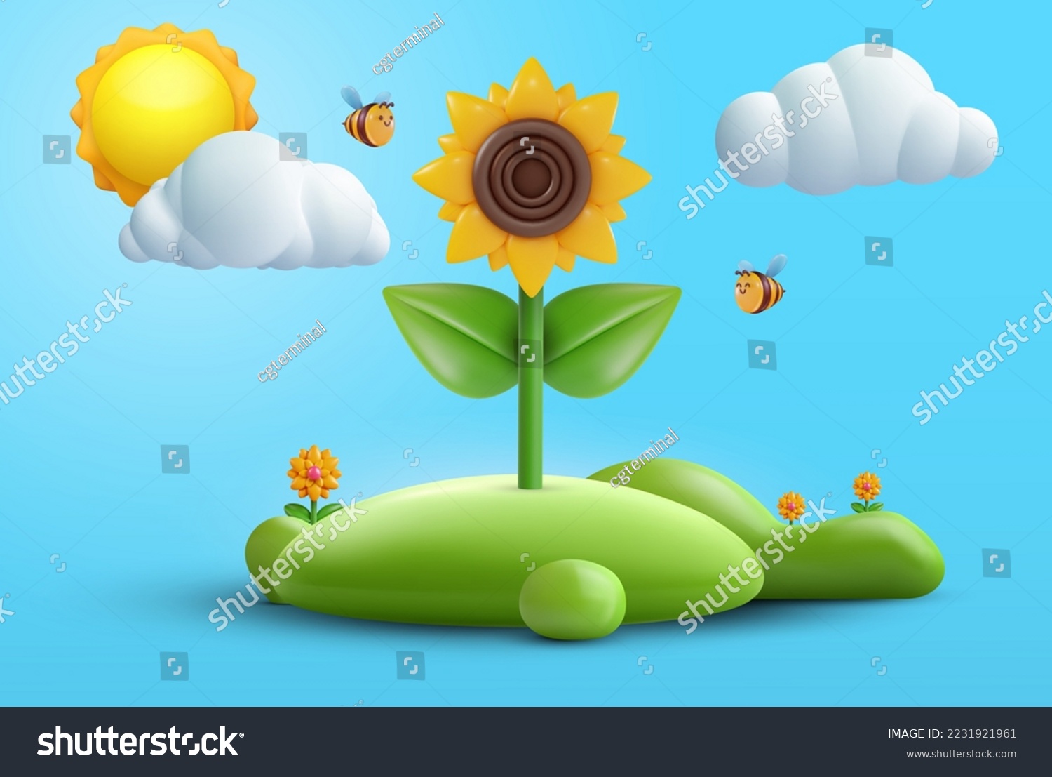 SVG of 3d cartoon composition with sunflower on green hill in vector realistic funny style. Cute art element. Plasticine or glossy clay design object. Sweet colorful illustration on minimal background. svg