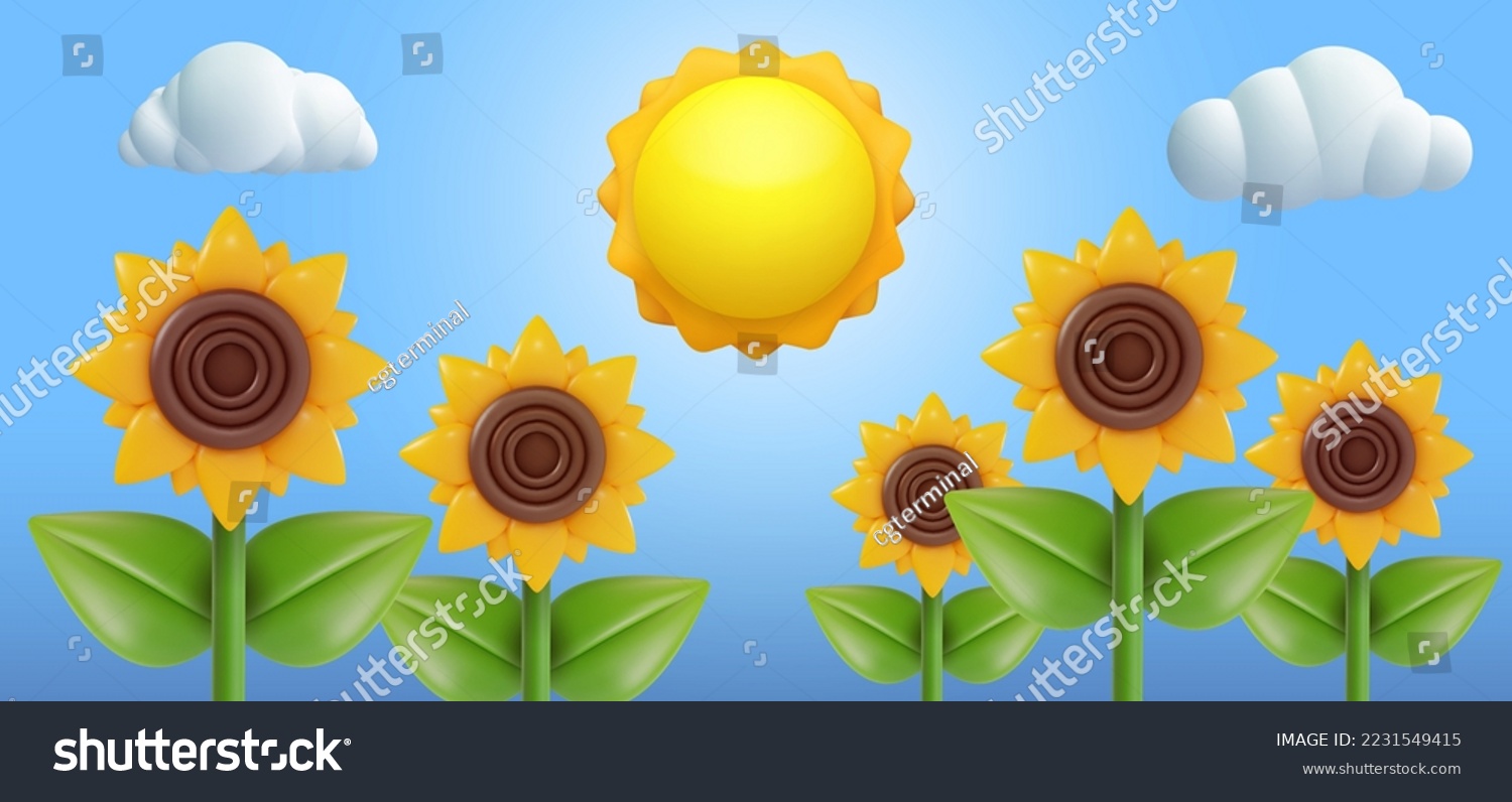 SVG of 3d cartoon composition with sunflowers and sun in vector realistic funny style. Modern plasticine or glossy clay design concept art. Sweet colorful illustration on minimal background. svg