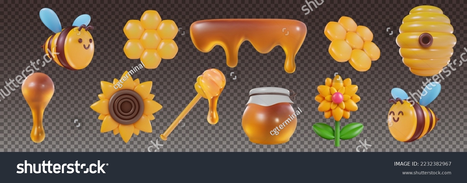 SVG of 3d cartoon honey liquid, bee, hive, flower, honeycomb in vector realistic funny style. Collection modern plasticine or glossy clay design object. Sweet colorful illustration on transparent background. svg