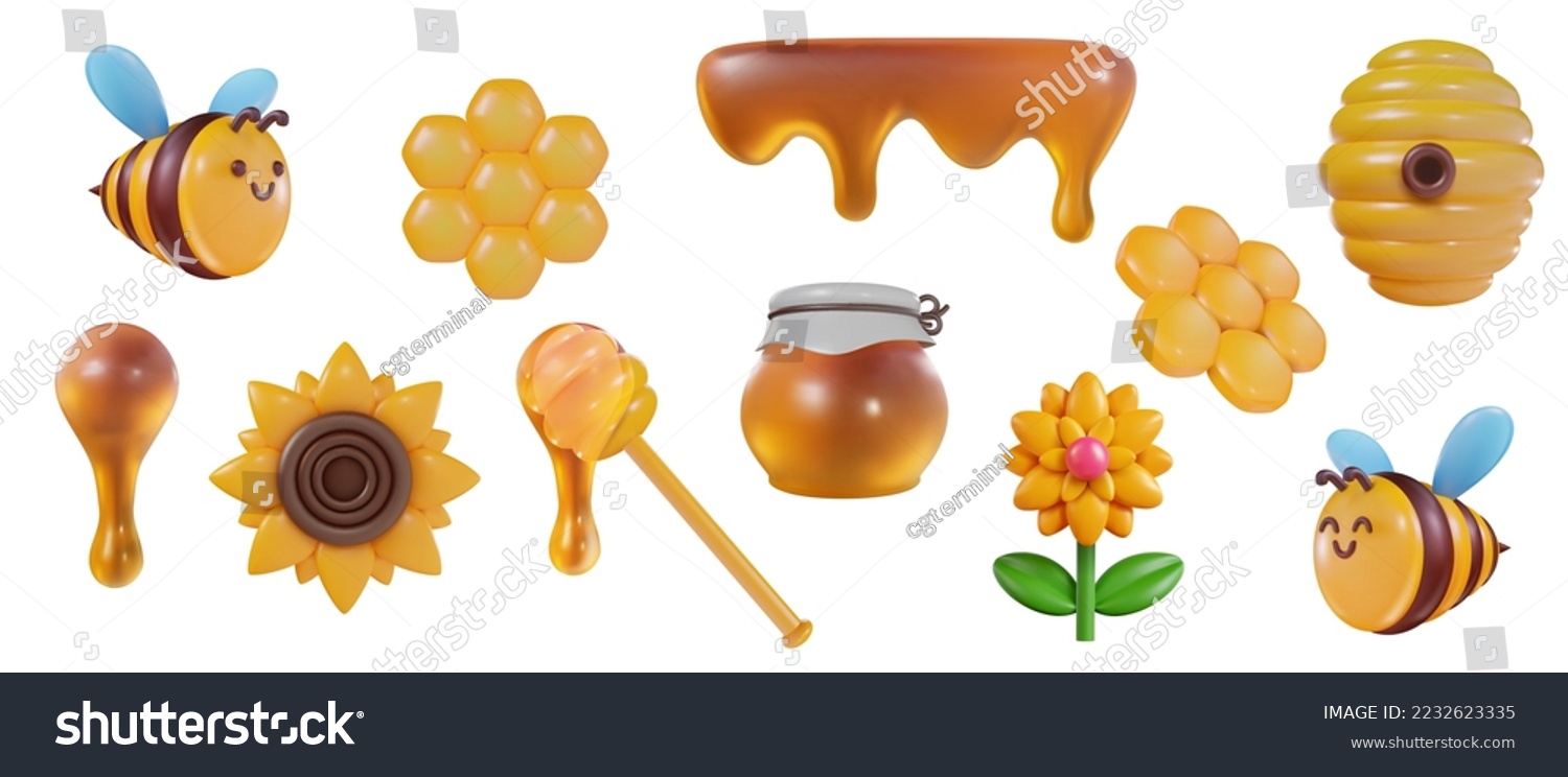 SVG of 3d cartoon honey liquid, bee, hive, flower, honeycomb in vector realistic funny style. Collection modern plasticine or glossy clay design object. Sweet colorful illustration on white background. svg