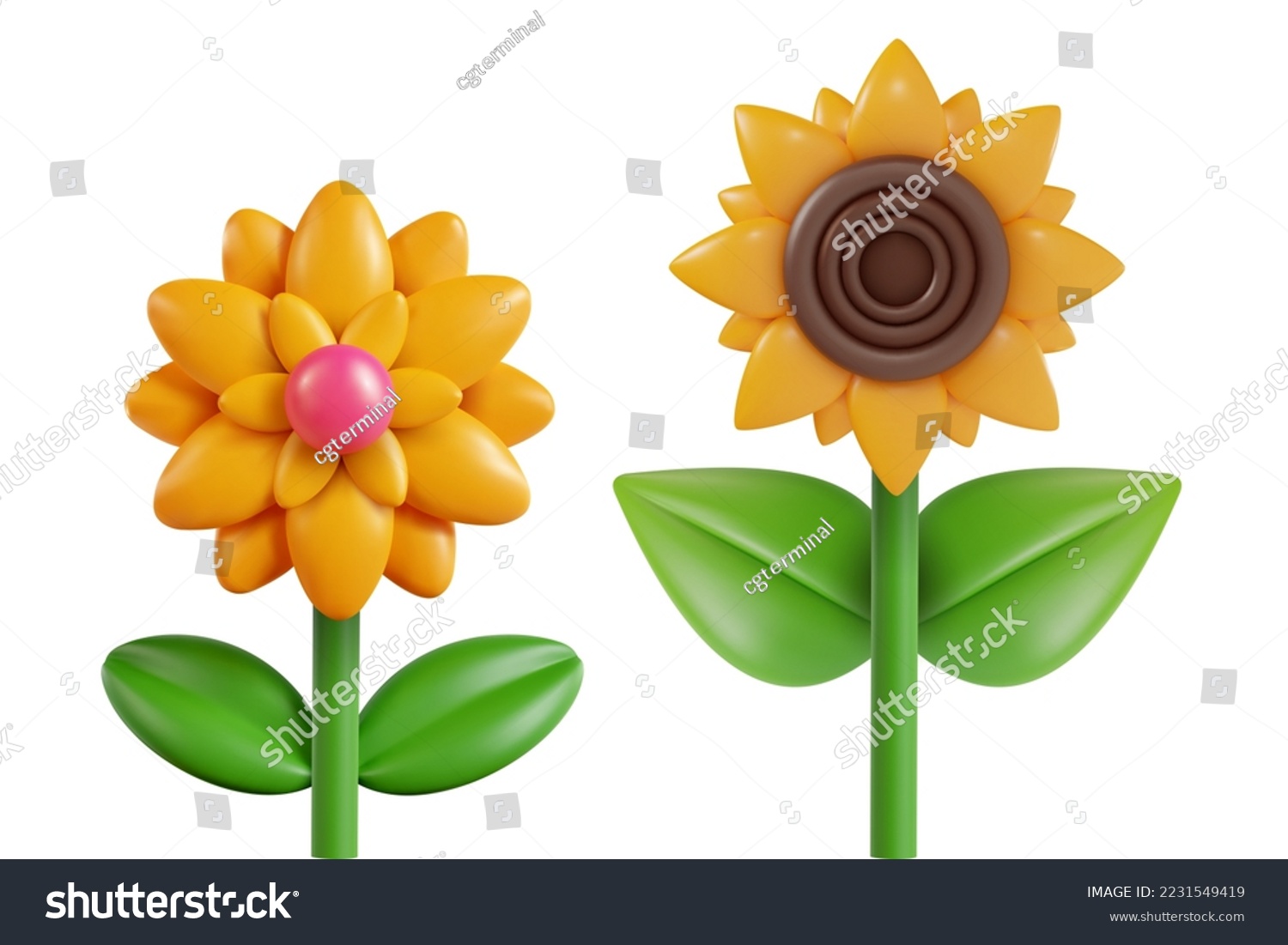 SVG of 3d cartoon sunflower and flower in vector realistic funny style. Cute art element. Modern plasticine or glossy clay design object. Sweet colorful illustration on minimal background. svg