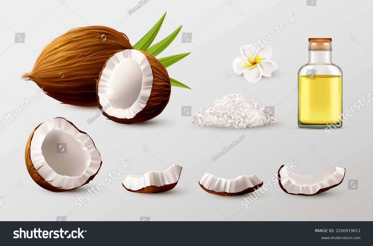 SVG of 3d coconut set. Nuts and oil in blank glass bottle, realistic coco flowers and palm leaves. Tropical milk drink ingredient, whole slice and piece. Natural raw food. Vector illustration set svg