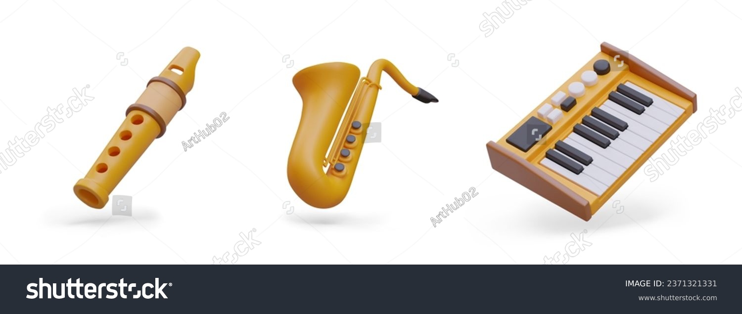 SVG of 3d collection of different instruments. Realistic flute, gold saxophone and synthesizer. Musical instruments for creating new music. Vector illustration in yellow colors svg