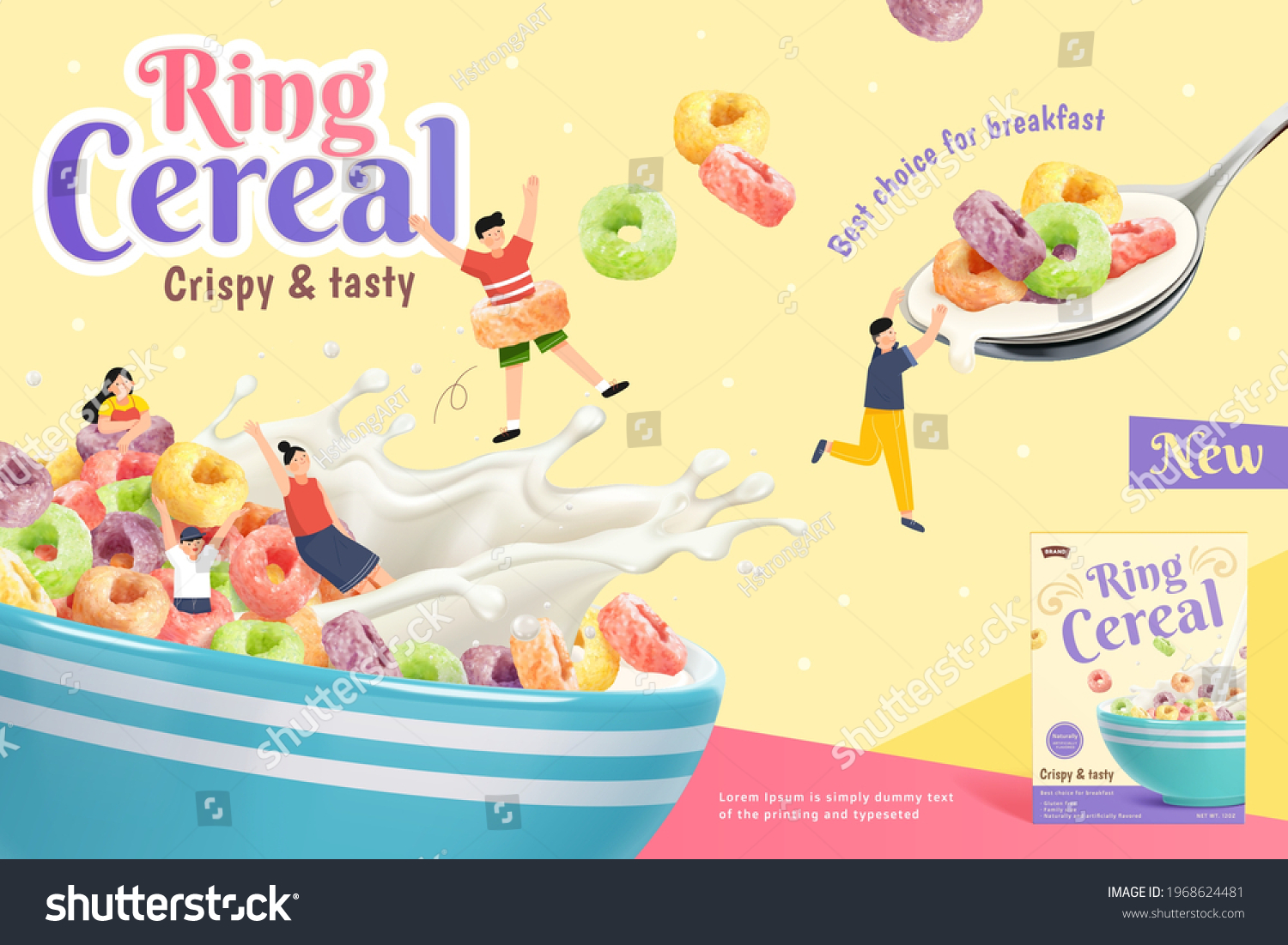 SVG of 3d crispy and tasty ring cereal ad banner. Kids playing in a bowl full of ring cereals and splash of milk. Suitable for healthy breakfast. svg