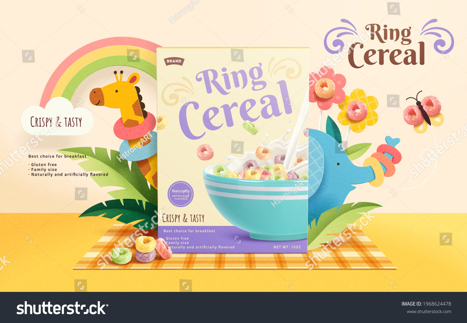 SVG of 3d crunchy ring cereal ad template. Product package mock up sets on a picnic mat, decorated with butterfly, flowers and cute zoo animals. svg