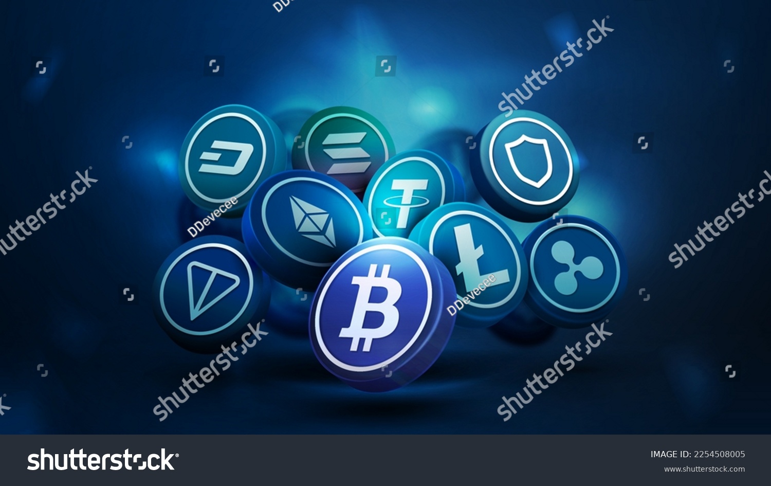 SVG of 3D cryptocurrency coins in dark blue scene. Bitcoin, Litecoin, Ethereum, Tether, Trust, Ton and Solana svg