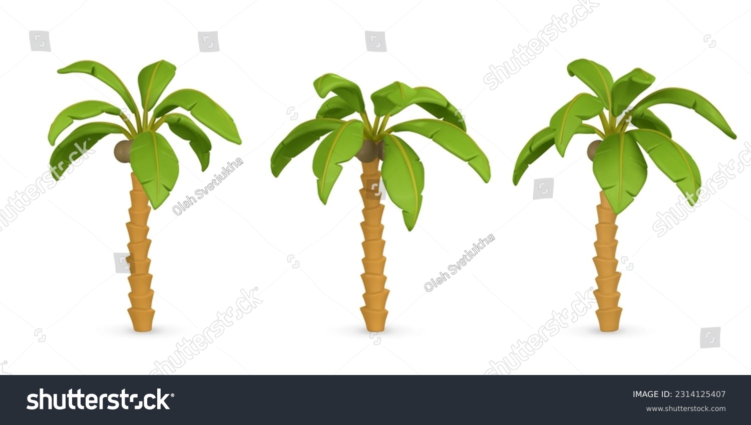 SVG of 3D Cute cartoon tropical palm tree. Realistic jungle tree on white background. Summertime object. Vector illustration. svg