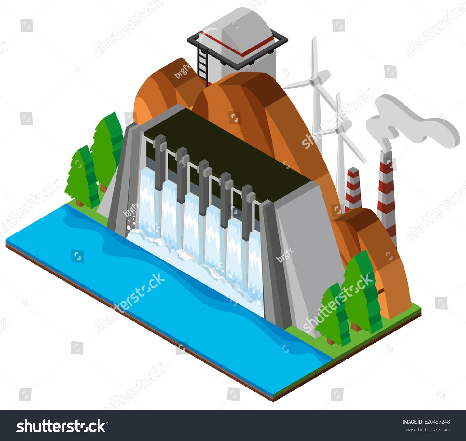 isometric dam with water, wind turbines, factory clip art preview