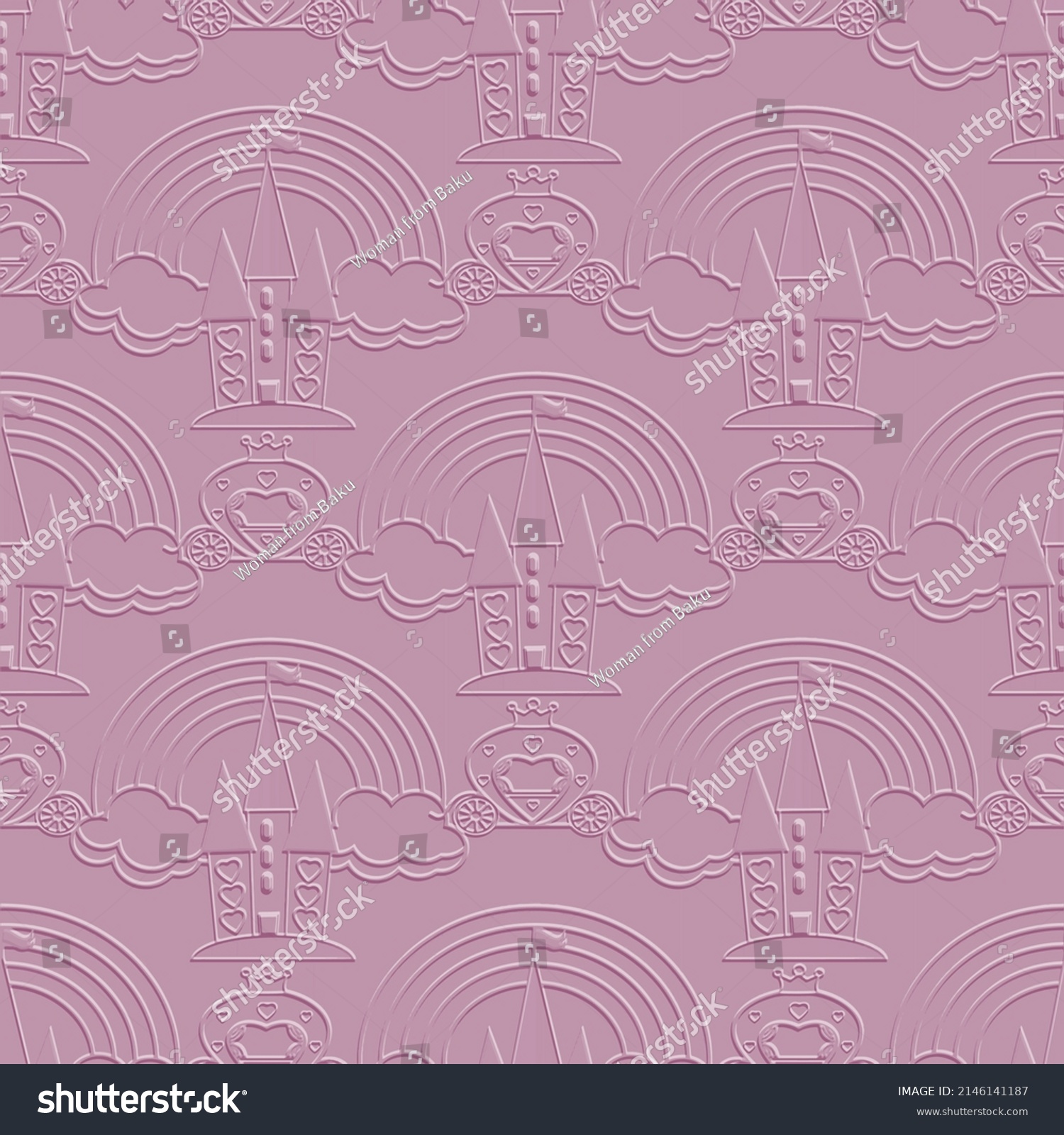 SVG of 3d embossed fairy tale seamless pattern background wallpaper illustration with fairytale princess castle, magic carriage, rainbow, clouds for little girls who dream of being princesses. Emboss texture svg