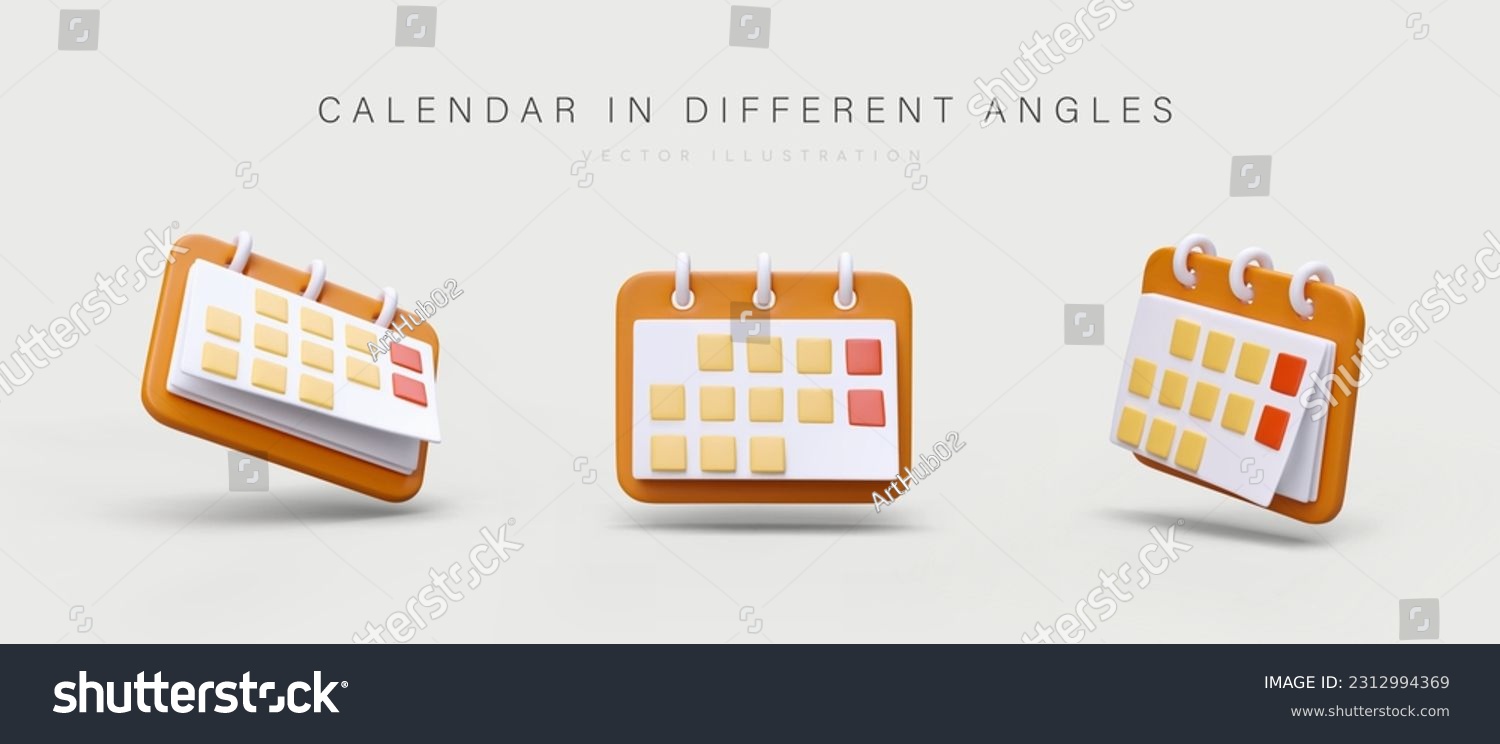 SVG of 3D flip calendar on spring. Realistic planner with tear off pages. Calendar with red weekend marks. Set of colored icons on gray background. Time management, planning svg