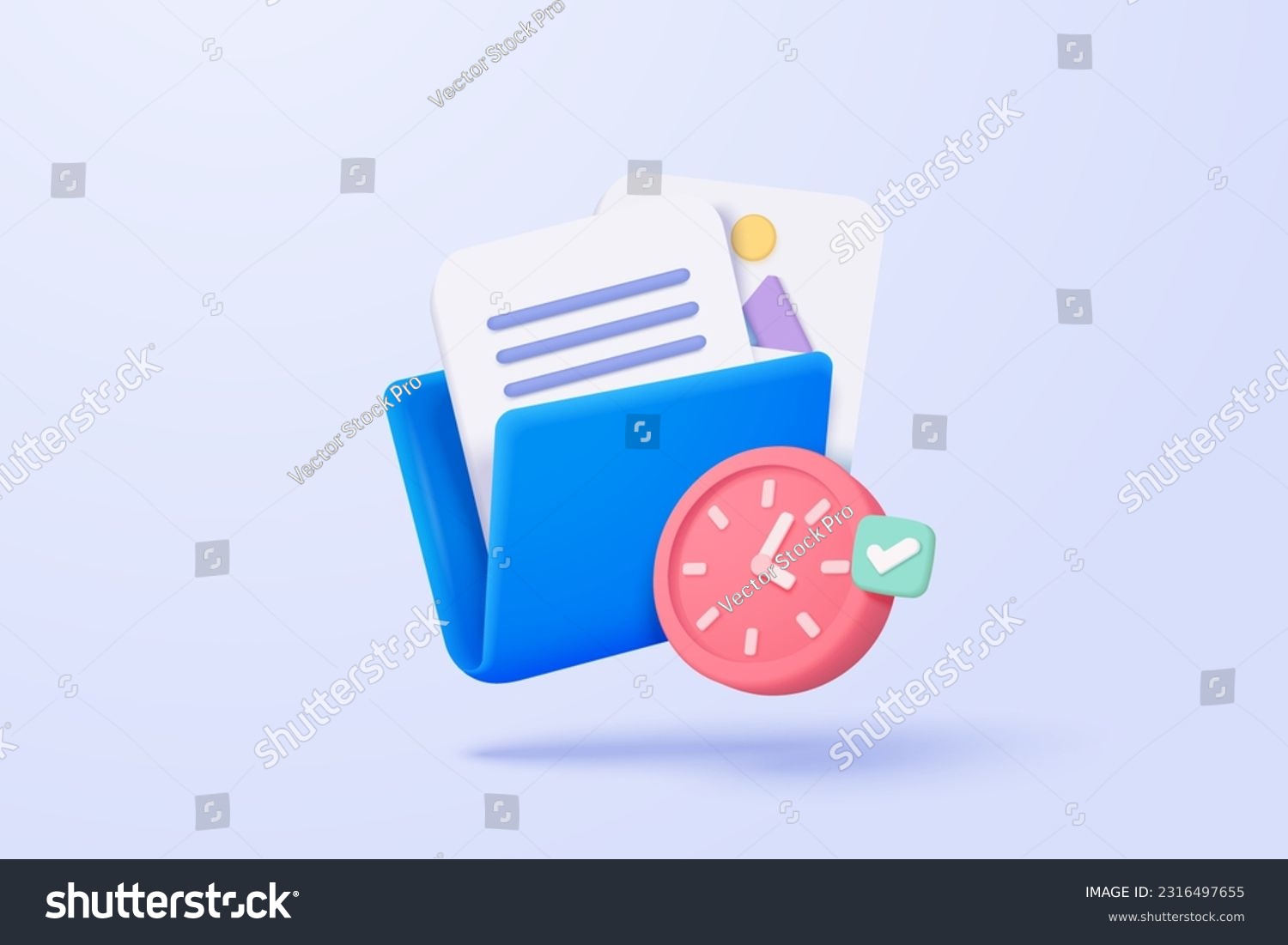 SVG of 3d folder and paper for management multimedia file, document on project plan. Image and video document folder on time alert notification 3d icon. 3d clock  icon vector picture render illustration svg