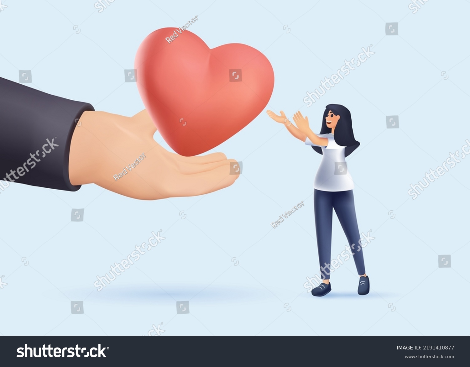 SVG of 3D Hand with big red heart and woman. Support and kindness in community. Self care, psychology help, treatment, rehab. Female volunteer share empathy and hope with needy. Help life. 3D vector render svg