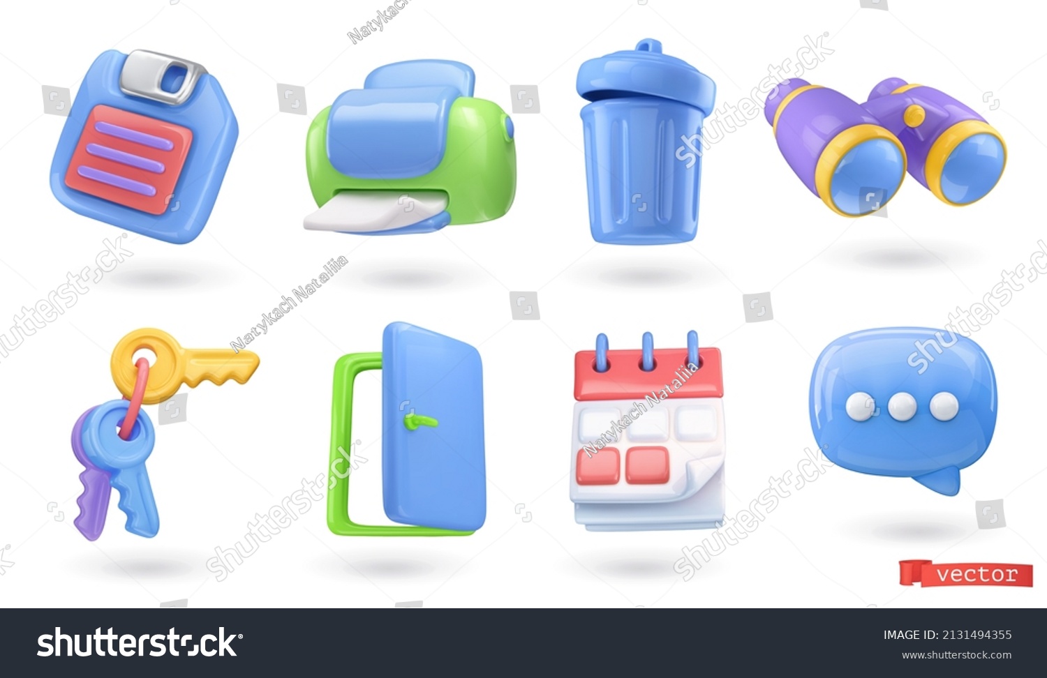 SVG of 3d icon set. Floppy disk, printer, trash can, binoculars, keys, door, calendar, chat icon. Realistic render vector, glossy plastic objects svg